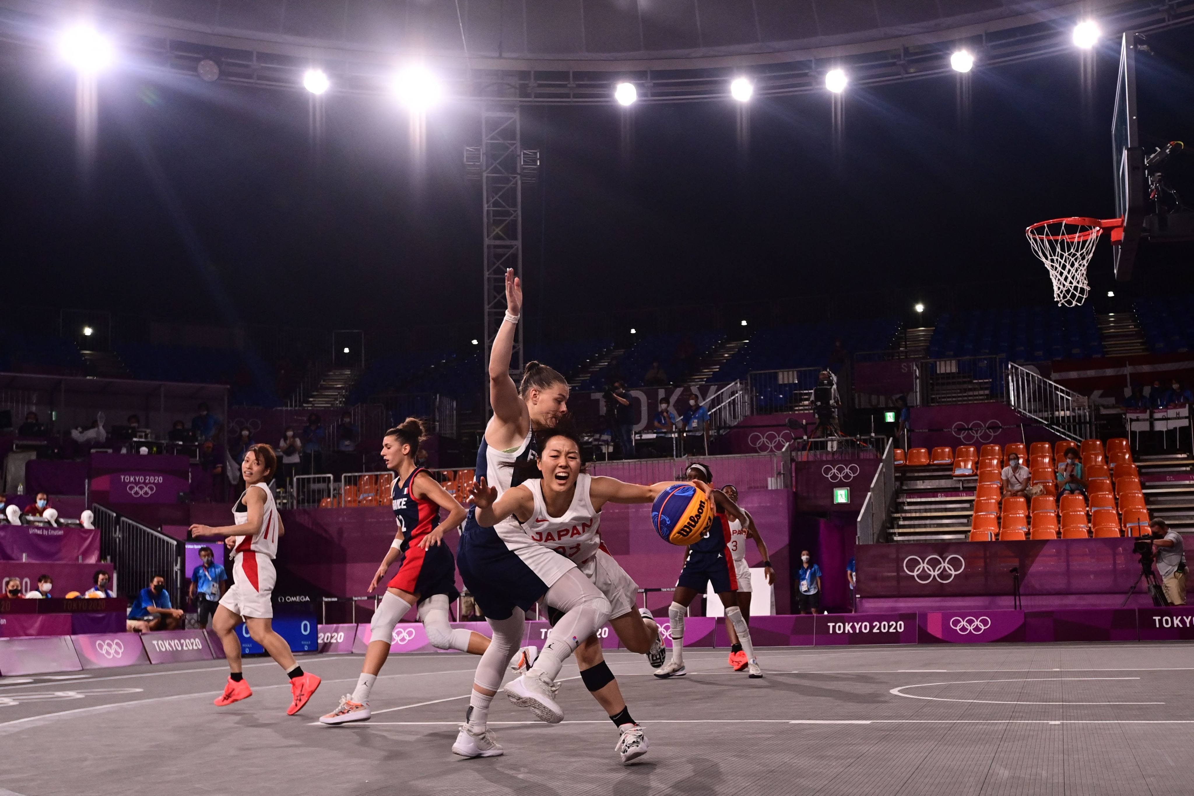 Japan and France in a women’s 3x3 basketball quarter-final match at the Tokyo Olympics in 2021. Photo: AFP