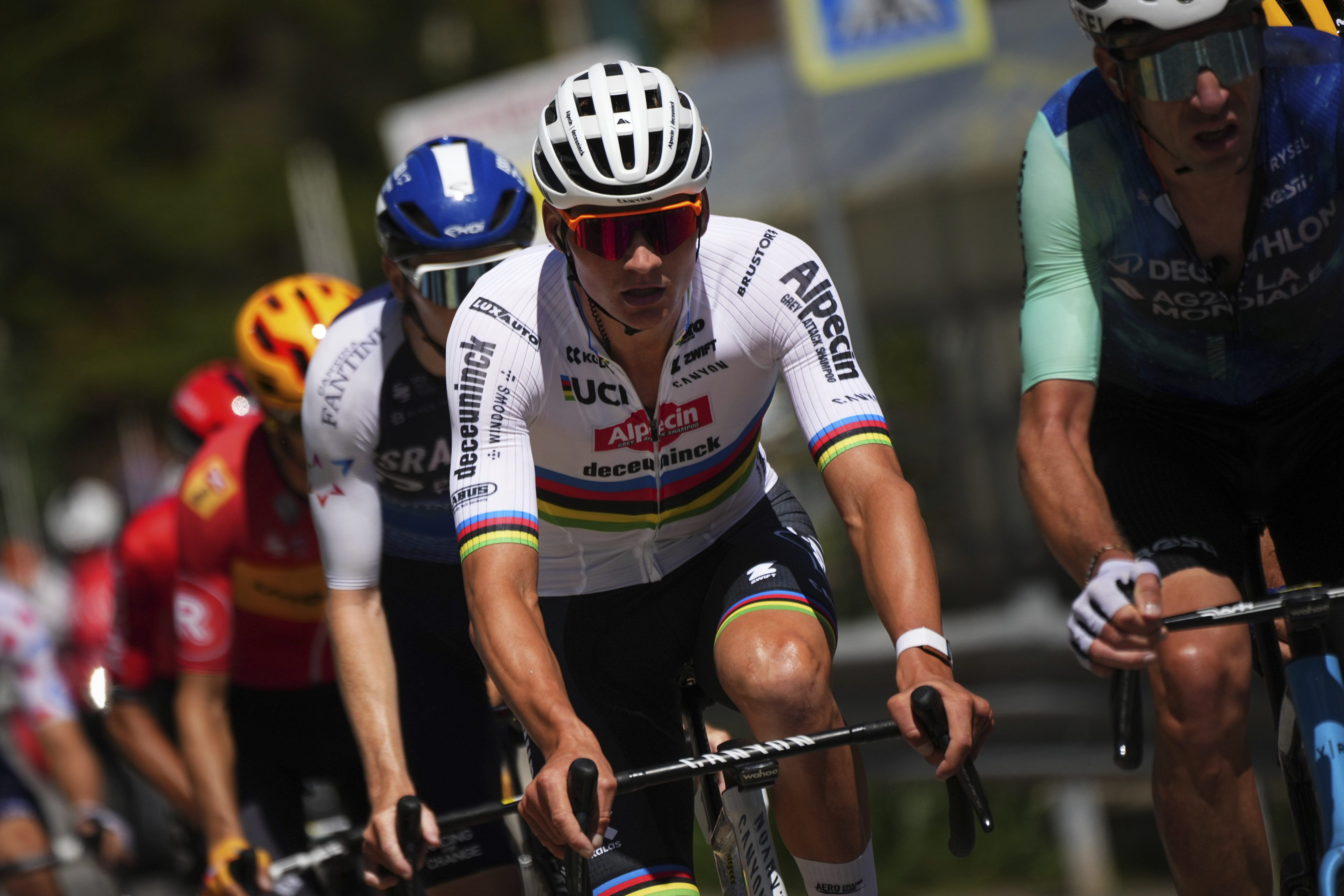 Netherlands’ Mathieu van der Poel (centre) at the Tour de France. He and Belgium’s Wout van Aert are favourites in the road race event in Paris. Photo: AP