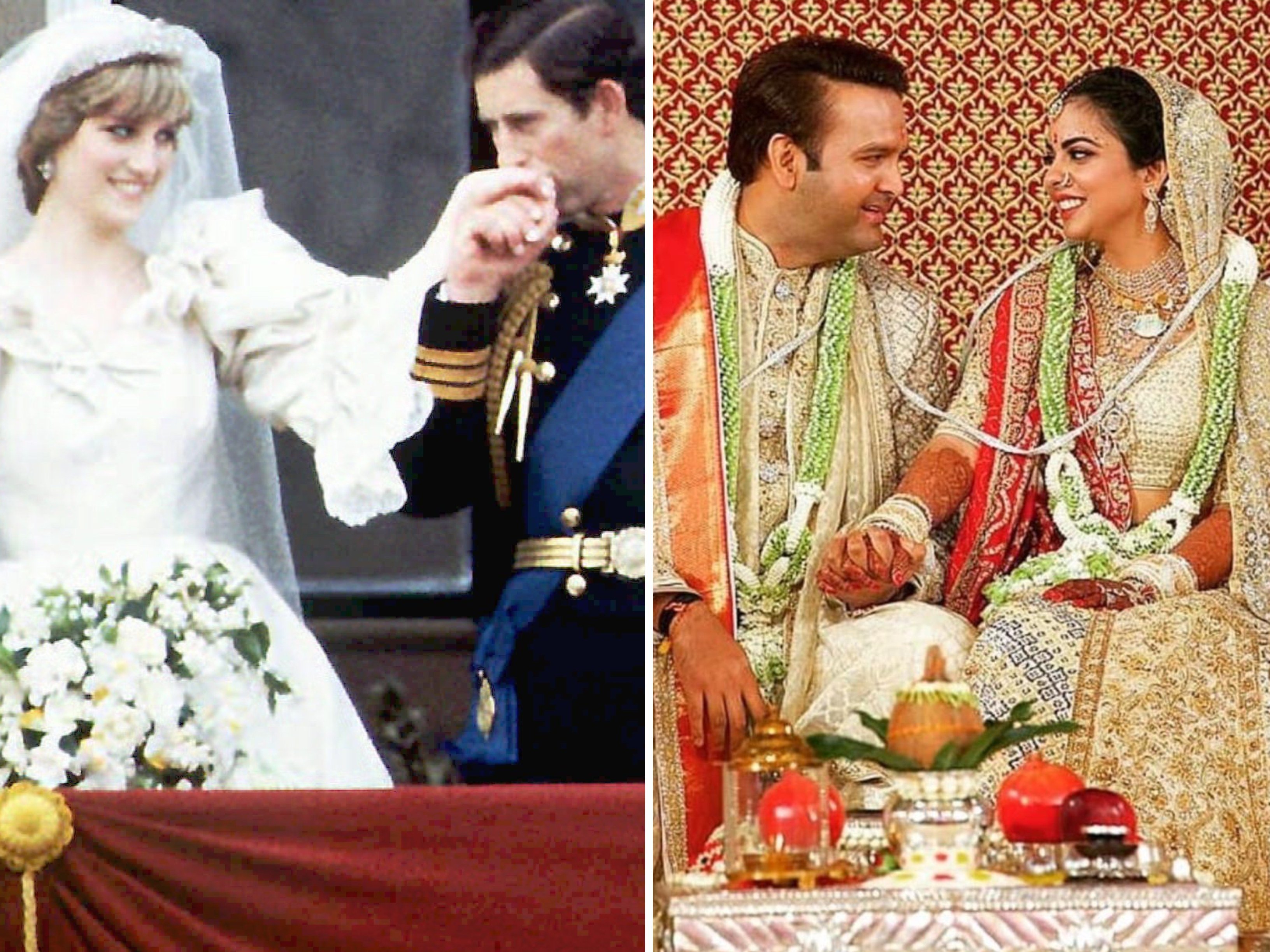 Prince Charles and Princess Diana on their wedding day; Isha Ambani and Anand Piramal during their wedding ceremony. Photos: @WforWoman/X, AFP