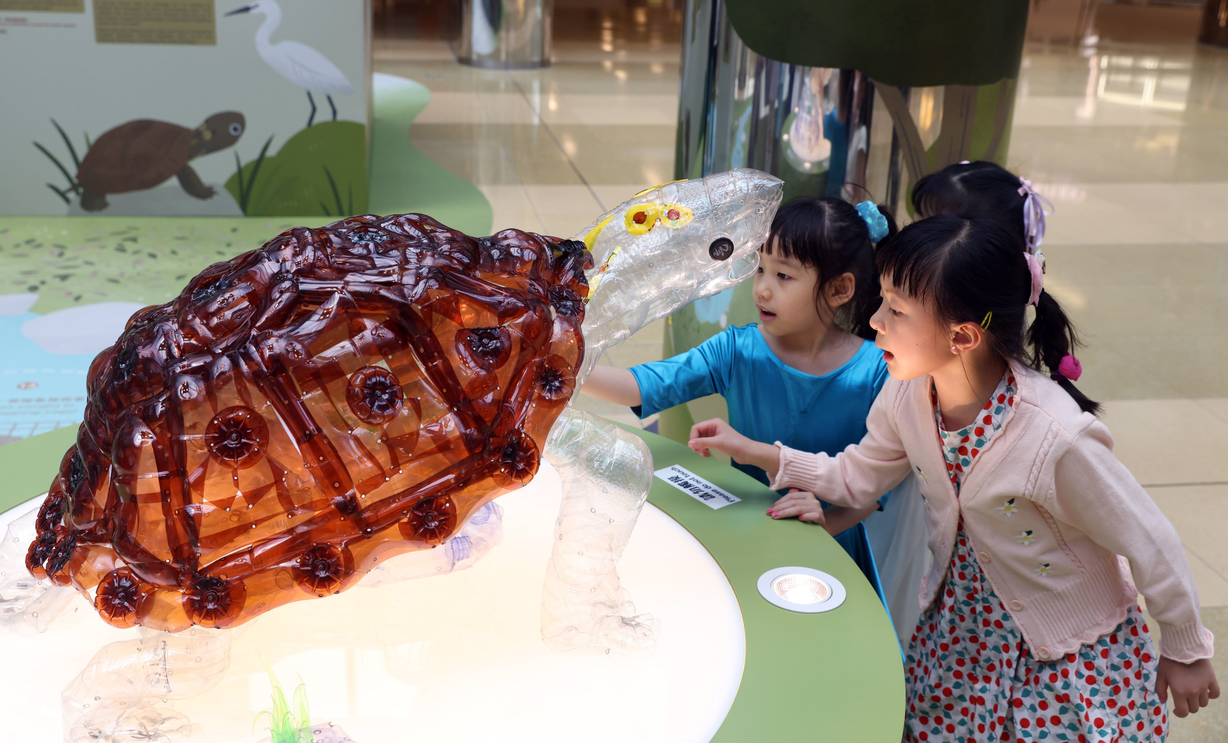 A tortoise made from used plastic bottles is displayed at the Ocean Park Conservation Foundation’s “Discovering the Hidden Treasure of Carapace Wonders” Freshwater Turtle & Horseshoe Crab Conservation Exhibition at Cityplaza, Taikoo, on March 28. Photo: Yik Yeung-man