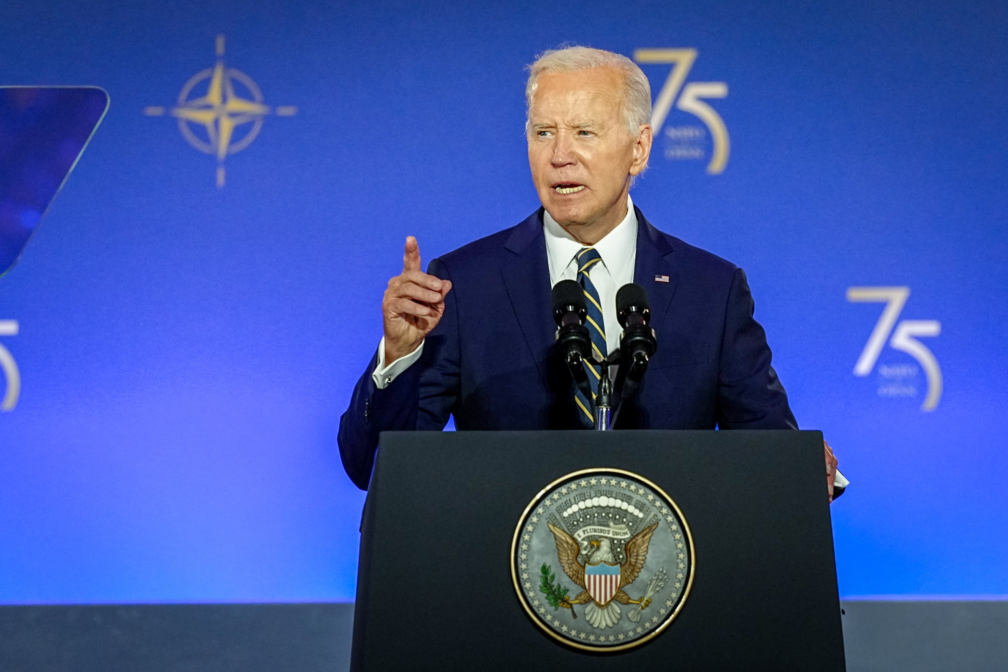 US President Joe Biden speaks at the celebrations for the 75th anniversary of Nato in Washington on Tuesday. Photo: dpa
