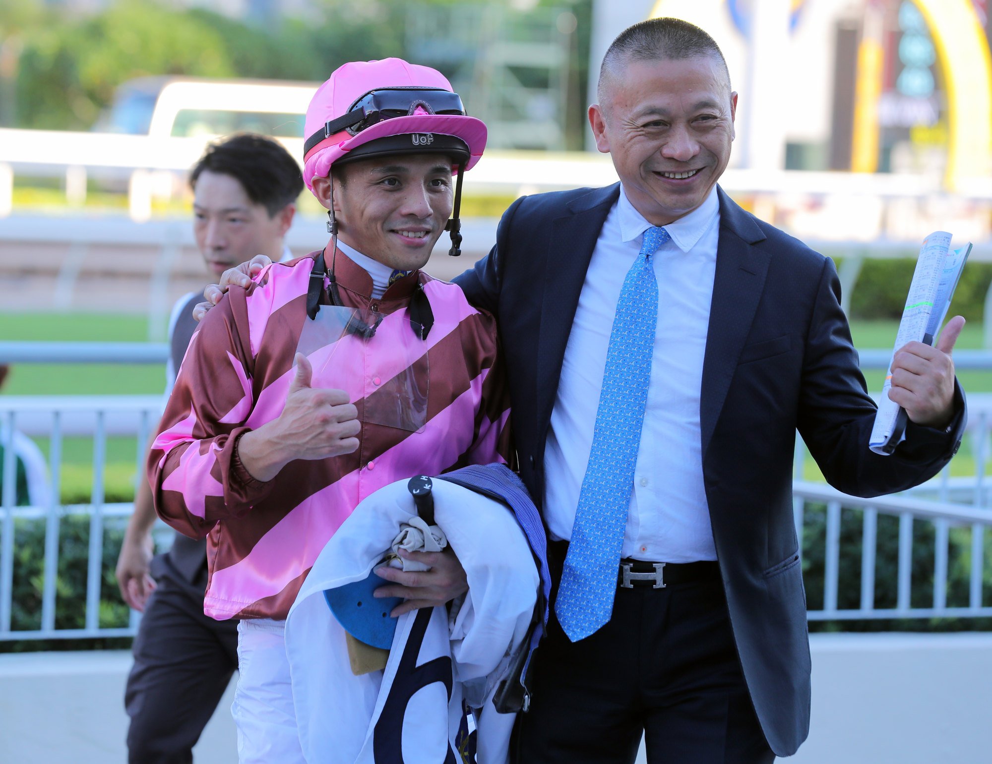 Alfred Chan (left) and Danny Shum celebrate a win at Sha Tin on July 6.