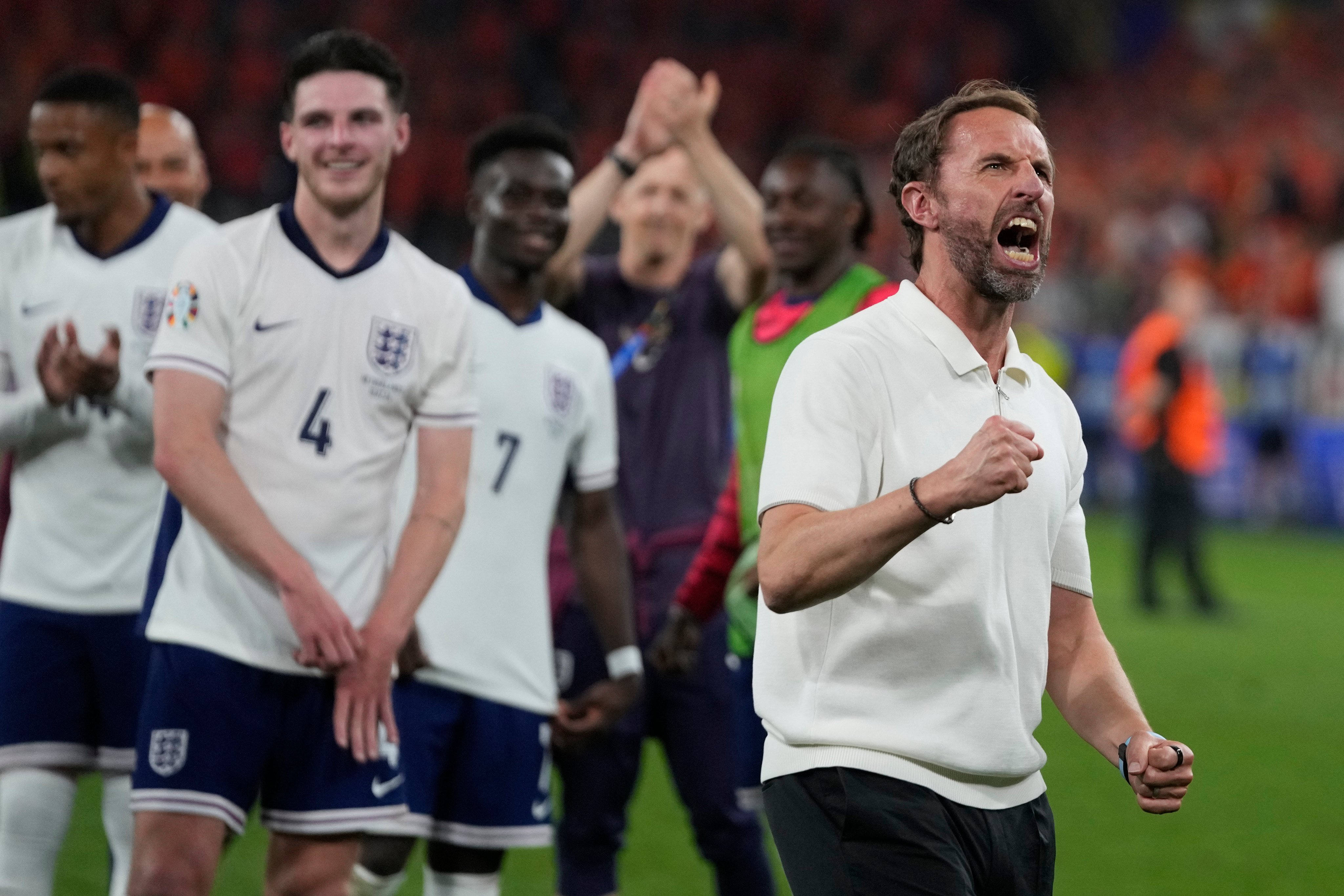 England’s manager Gareth Southgate celebrates at the end of their Euro 2024 semifinal win over Netherlands. Photo: AP