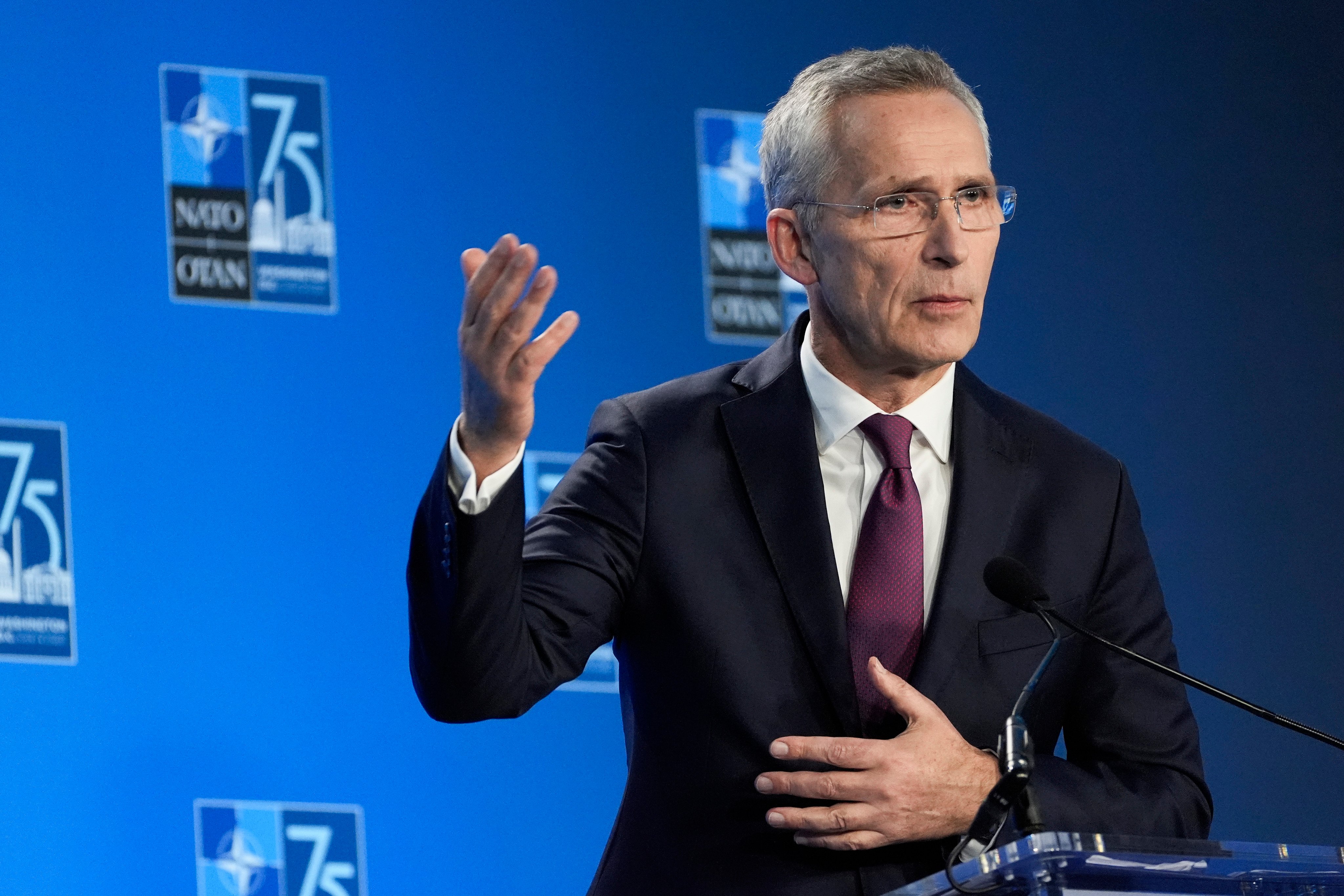 NATO Secretary General Jens Stoltenberg delivers remarks at a press conference in Washington on Thursday. Photo: AP