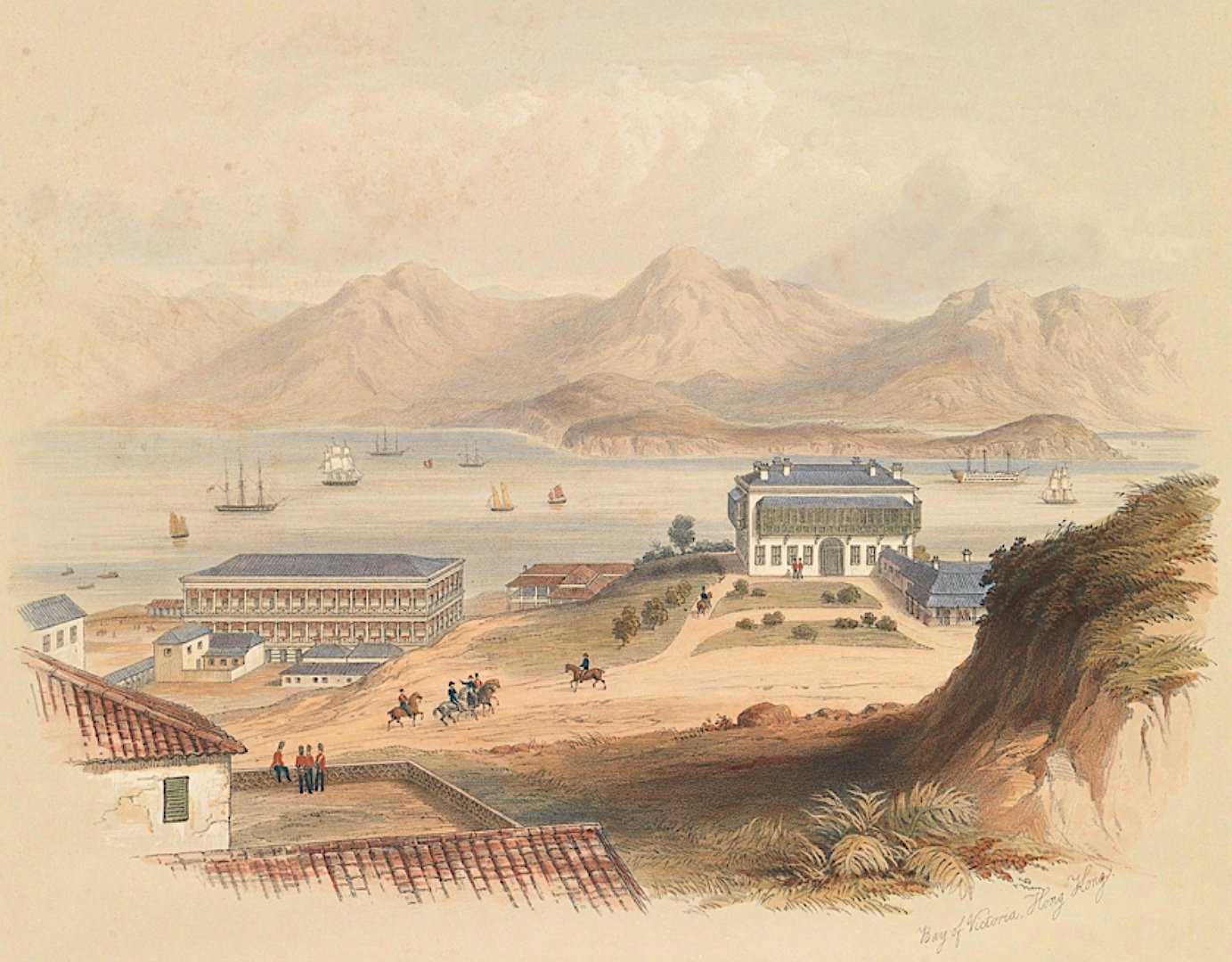 Detail from a lithograph published in 1848 showing what became known as Flagstaff House (right) in Admiralty and Murray House (lower left). Photo: CUHK Press