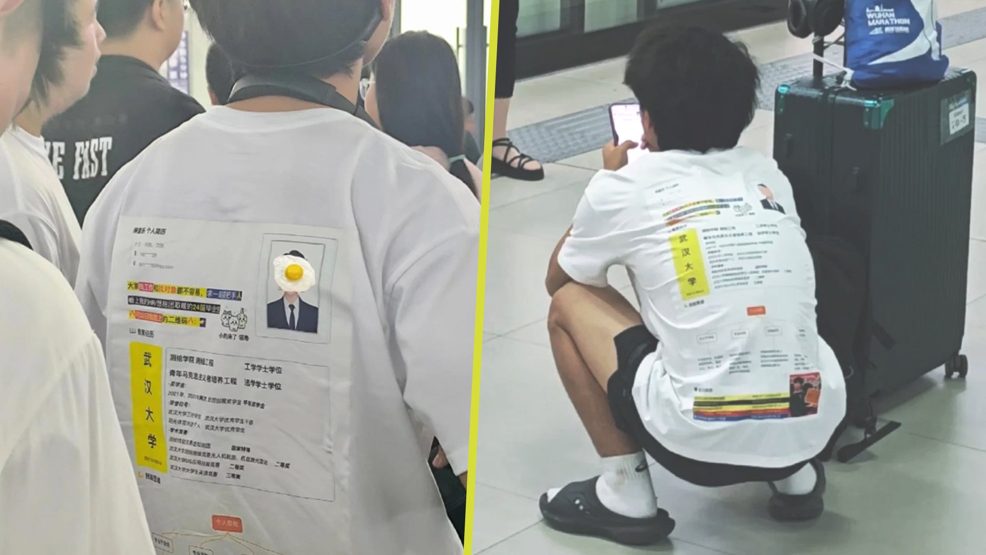 A fresh graduate in China has come up with an eye-catching way to stand out in the country’s crowded job market, wearing a T-shirt with his resume printed on it. Photo: SCMP composite/Xiaohongshu