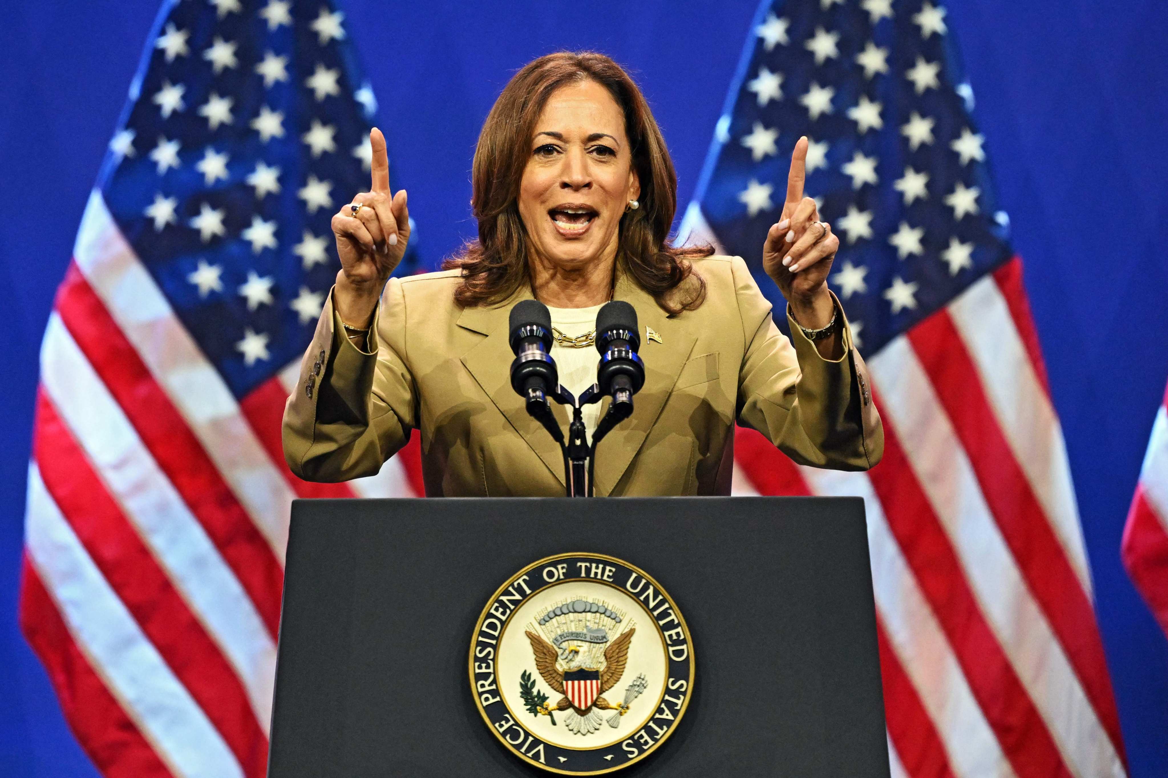 Vice President Kamala Harris at the Asian and Pacific Islander American Vote Presidential Town Hall at the Pennsylvania Convention Center in Philadelphia on Saturday. Photo: AFP