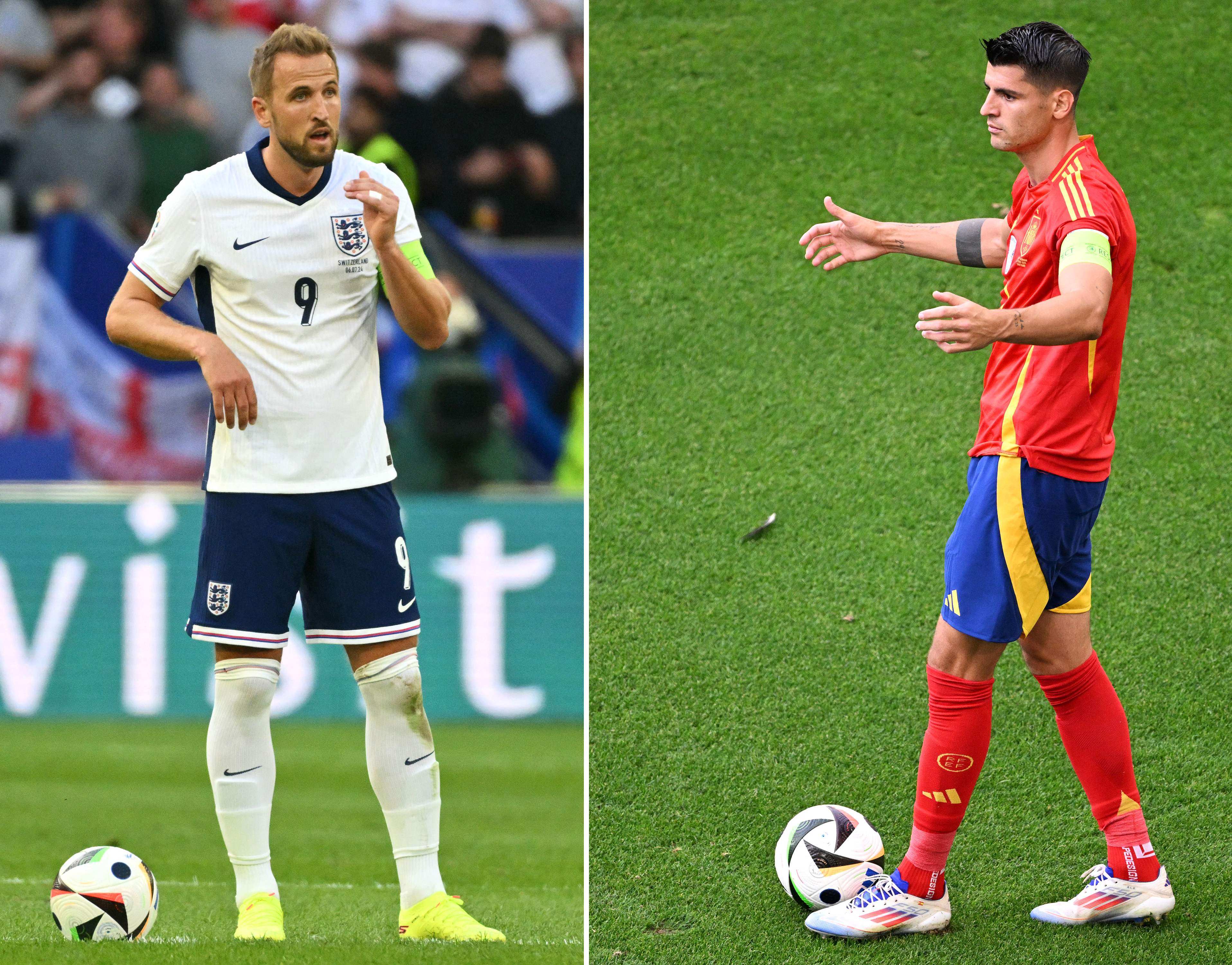 Harry Kane (left) hopes to lift England’s first trophy in 58 years but Alvaro Morata will aim to crown Spain’s impressive Euro 2024. Photo: AFP