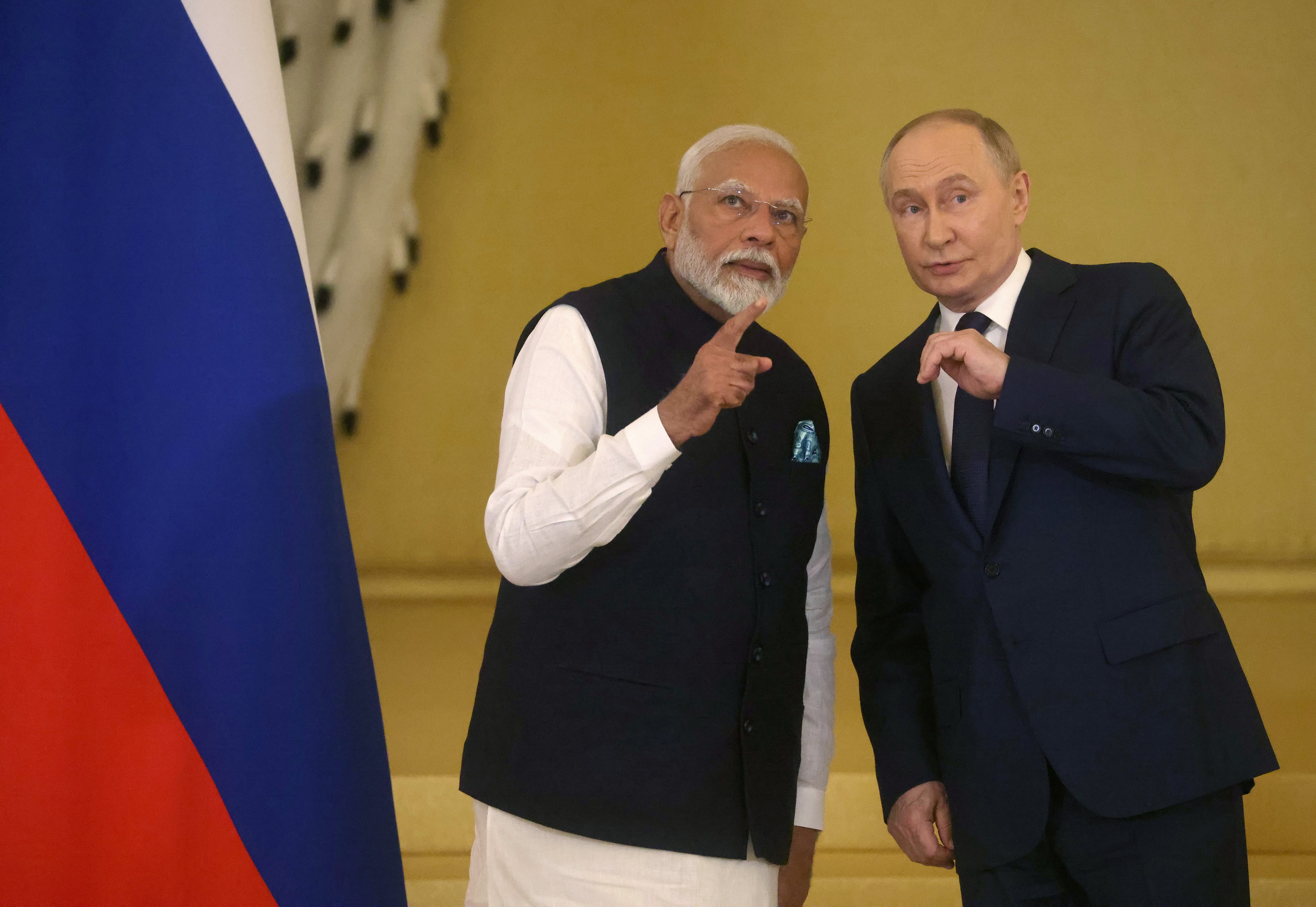 Russian President Vladimir Putin and Indian Prime Minister Narendra Modi during their meeting in the Kremlin in Moscow on July 9. Photo: EPA-EFE