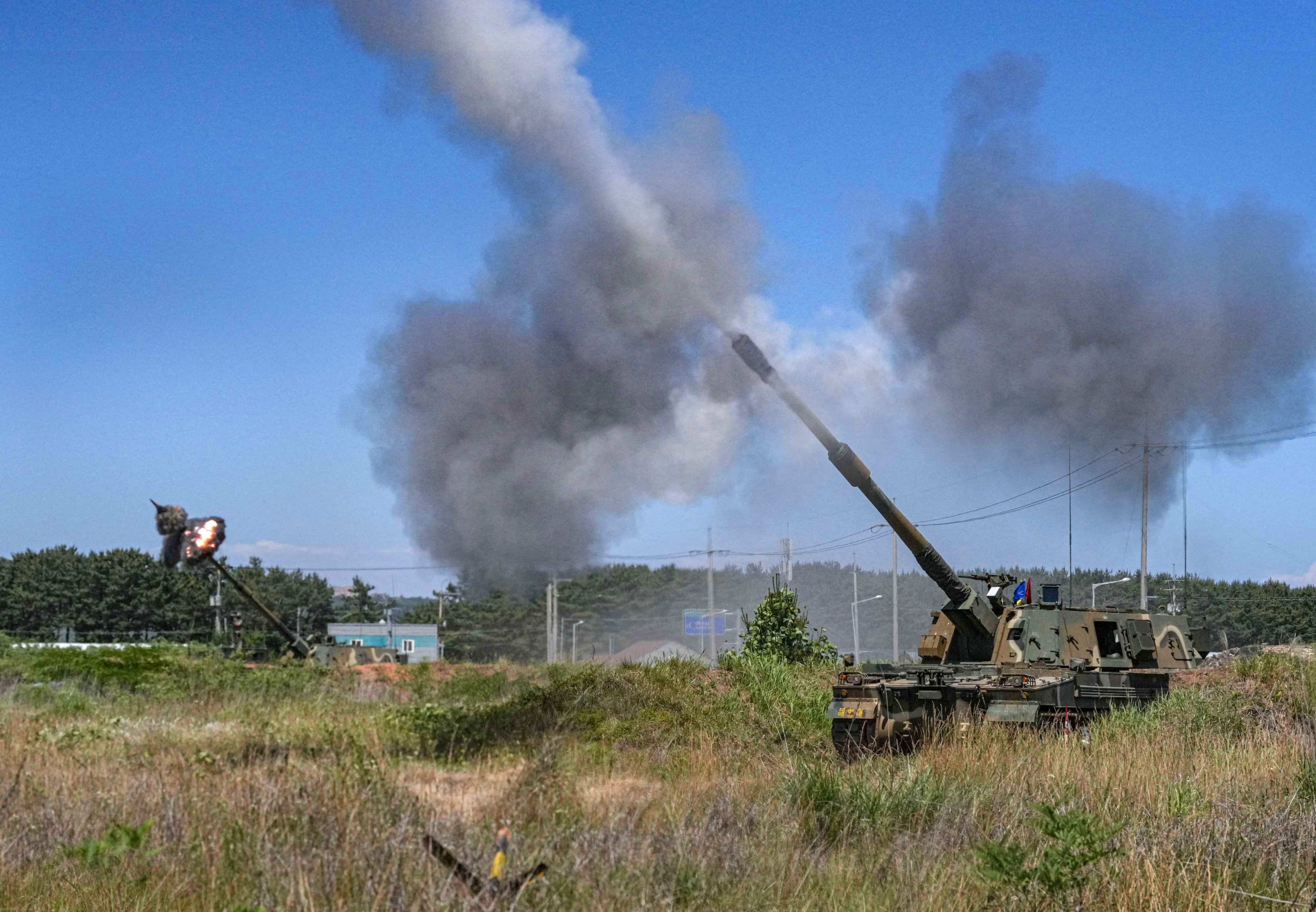 South Korean self-propelled howitzers during live-fire drills at an undisclosed island near the inter-Korean border in June. Photo: Handout / South Korean Defence Ministry / AFP