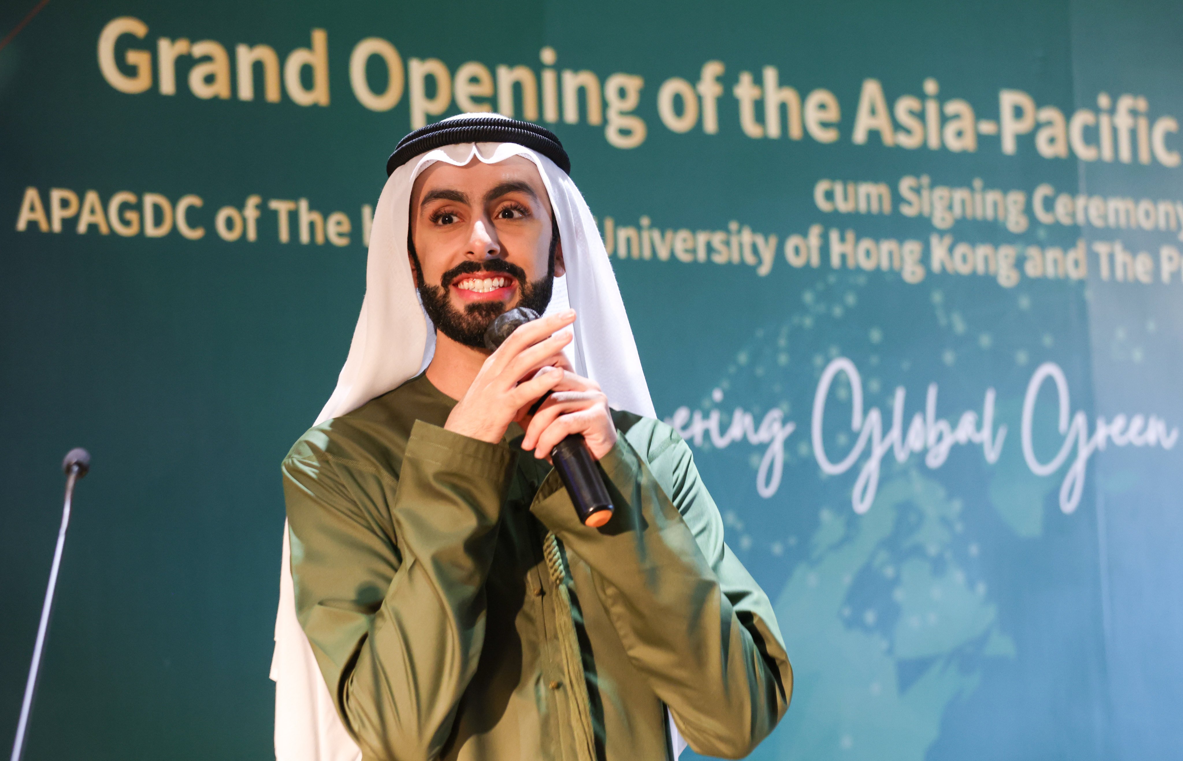 Sheik Ali Al Maktoum speaks at a memorandum of understanding signing ceremony at Hang Seng University’s Asia-Pacific Asean Green Deal Centre. Photo: Yik Yeung-man