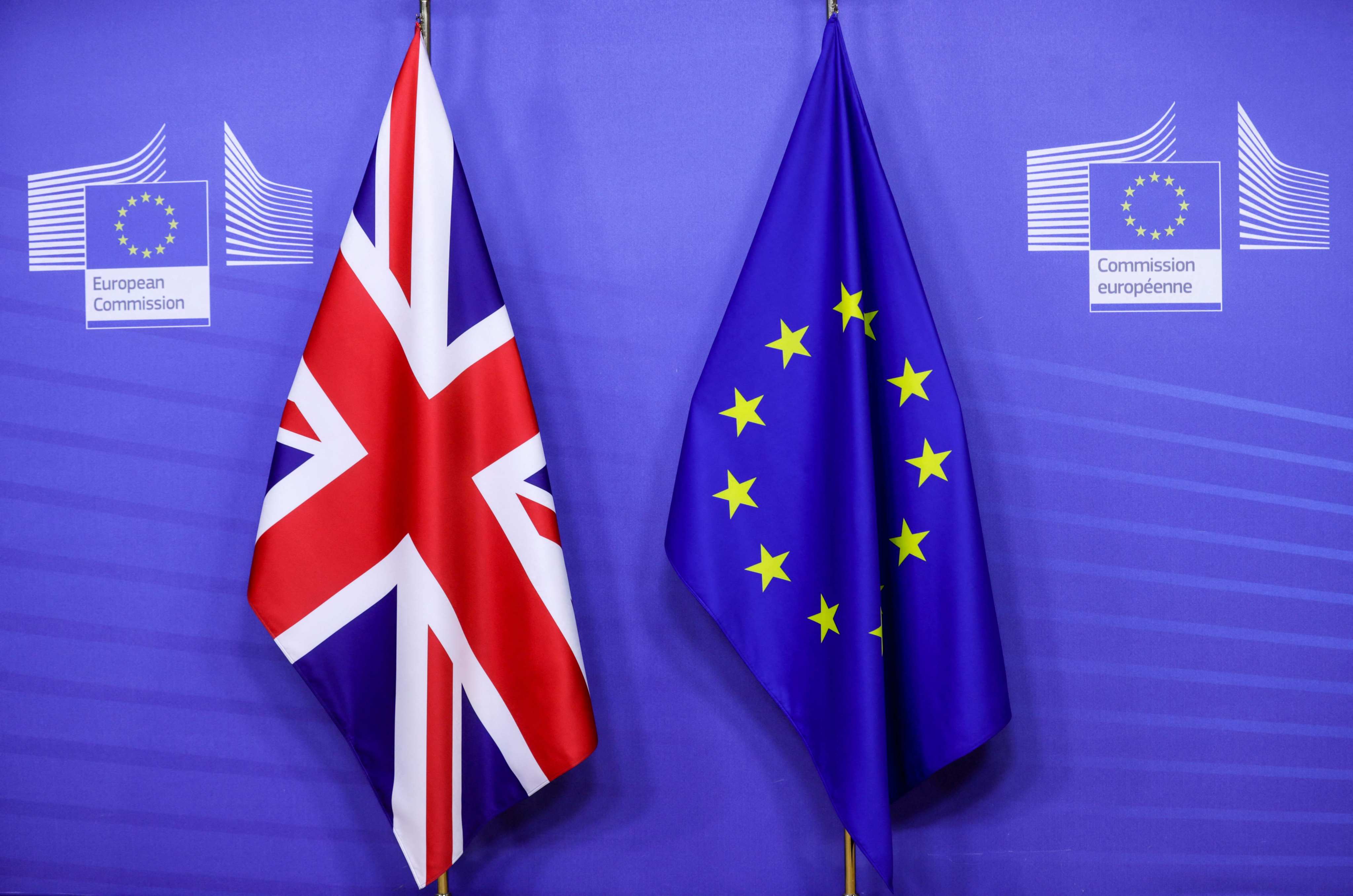 The EU flag and the British flag. UK PM Keir Starmer has vowed to turn a page with the EU. Photo: AFP