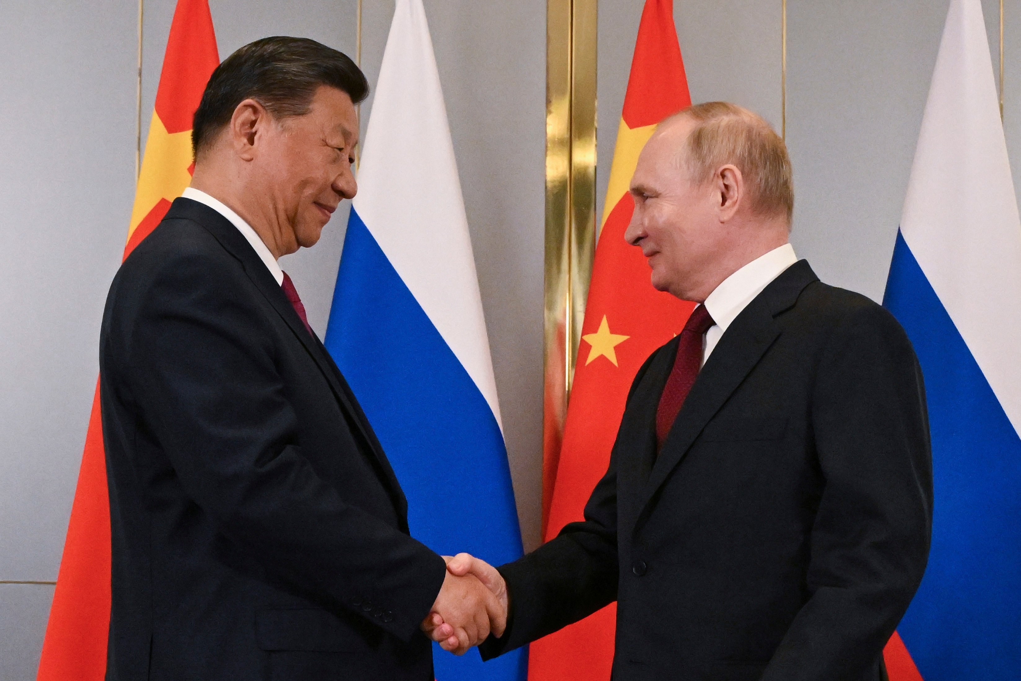 Russia’s President Vladimir Putin, right, and China’s President Xi Jinping in Astana, Kazakhstan on July 3. Photo: Sputnik / Kremlin Pool Photo via AP