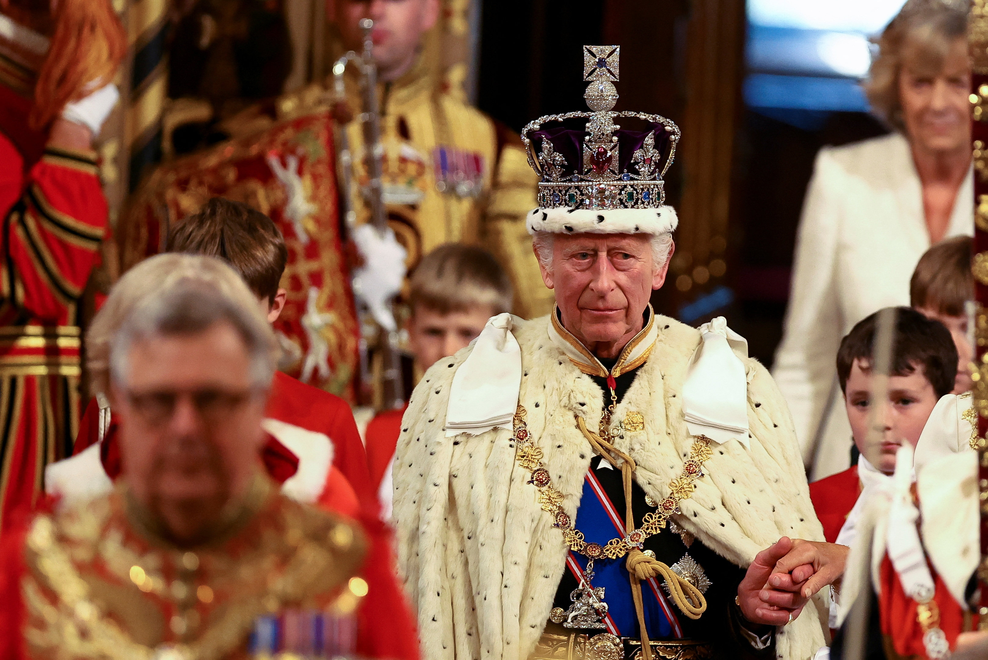 Britain’s King Charles wears the Imperial State Crown on the day of the State Opening of Parliament at the Palace of Westminster in London, Britain, July 17, 2024. REUTERS/Hannah McKay/Pool