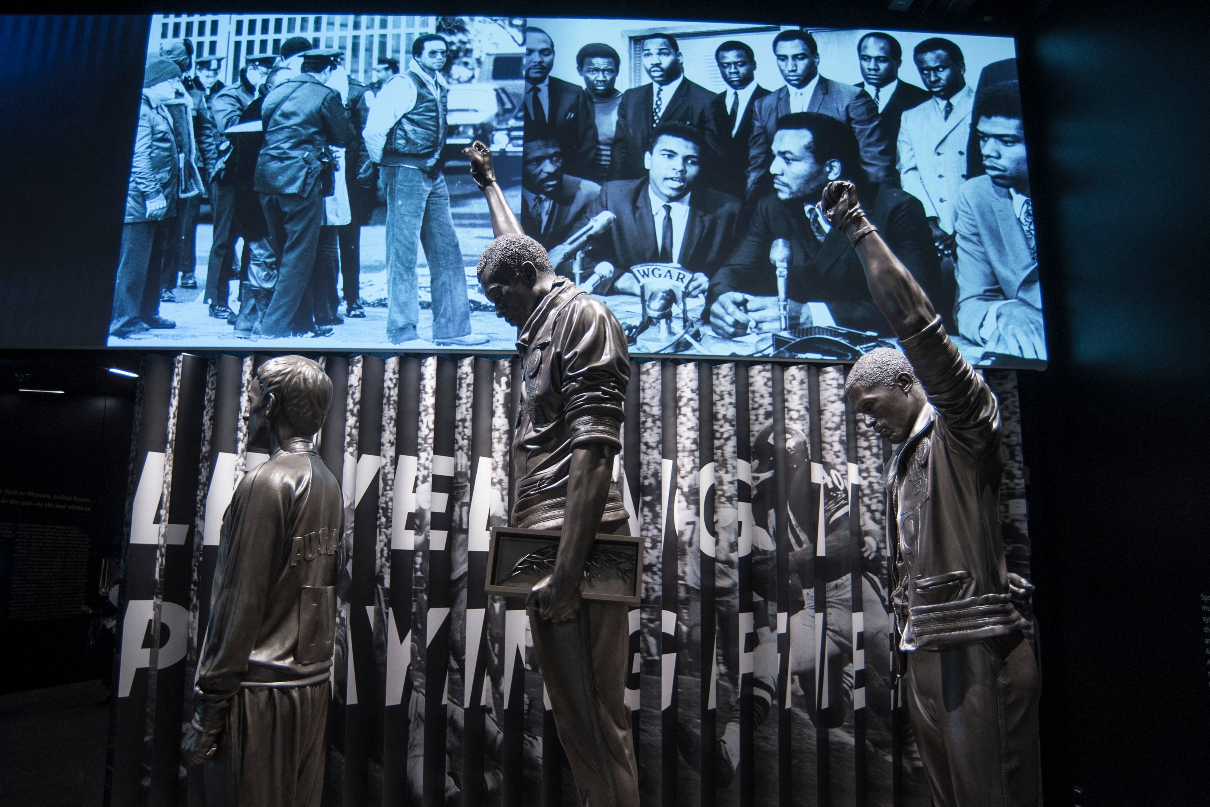 A statue commemorating the 1968 Olympics Black Power salute on display at the Smithsonian’s National Museum of African American History and Culture in Washington. Photo: AFP