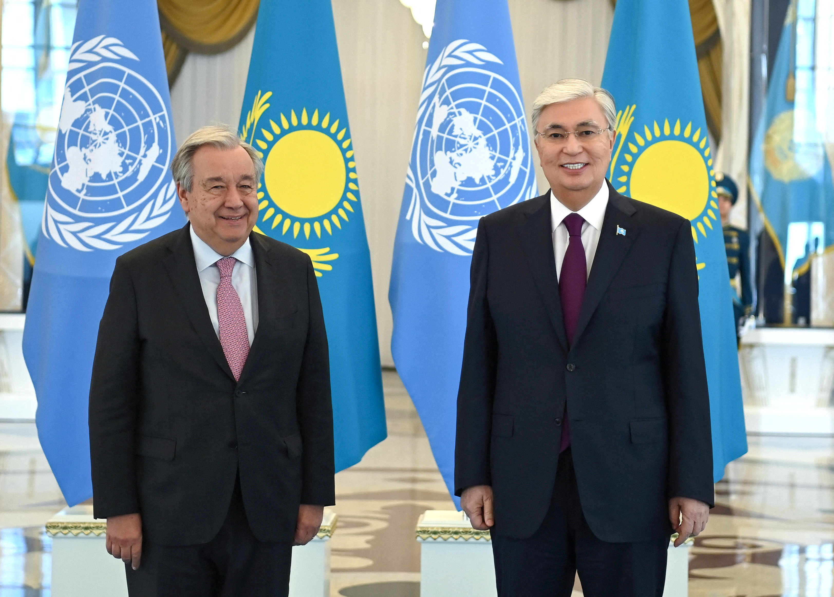 Kazakh President Kassym-Jomart Tokayev (right) attends a meeting with United Nations Secretary General Antonio Guterres during the Shanghai Cooperation Organisation summit in Astana, Kazakhstan, on July 3. Photo: Handout