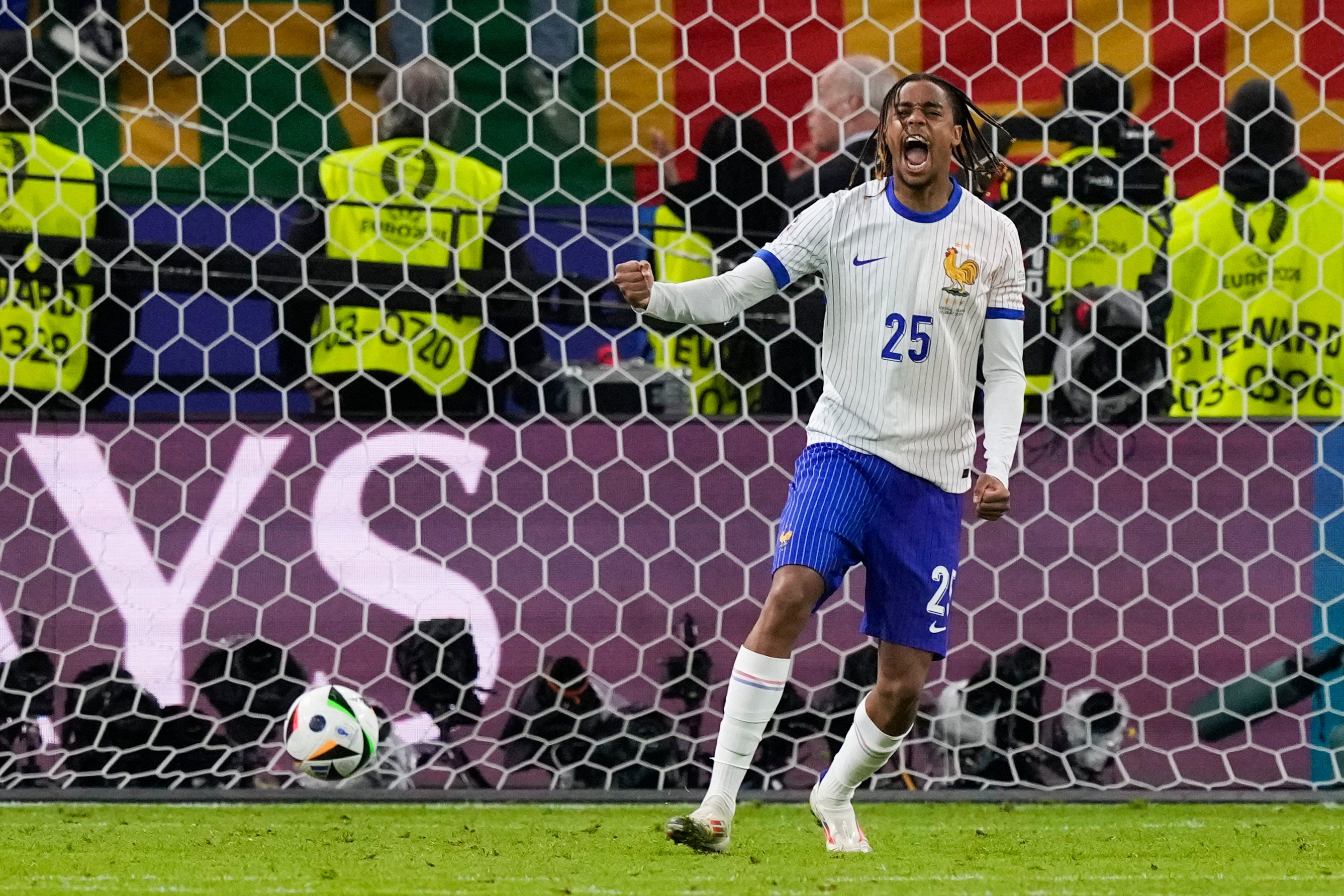 Bradley Barcola celebrates scoring for France during their quarter-final shoot-out against Portugal at Euro 2024. Photo: AP