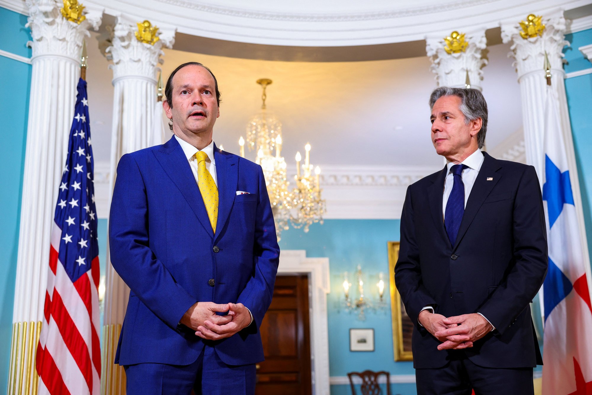 Panamanian Foreign Minister Javier Martinez Acha (left) and US Secretary of State Antony Blinken speak during an Americas Partnership for Economic Prosperity meeting at the State Department in Washington. Photo: Reuters