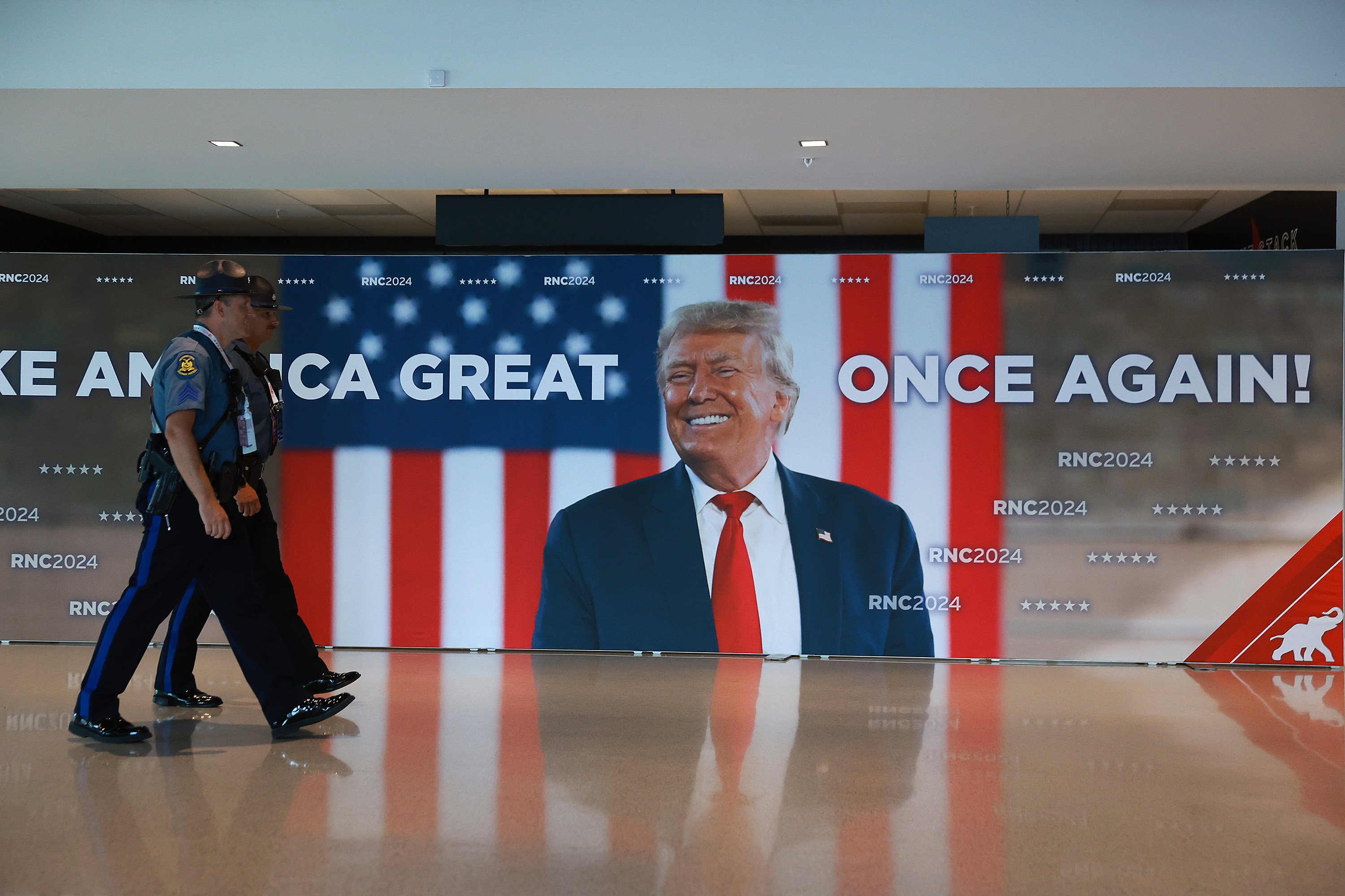 A Donald Trump sign in the Fiserv Forum at the Republican National Convention in Milwaukee. Photo: TNS