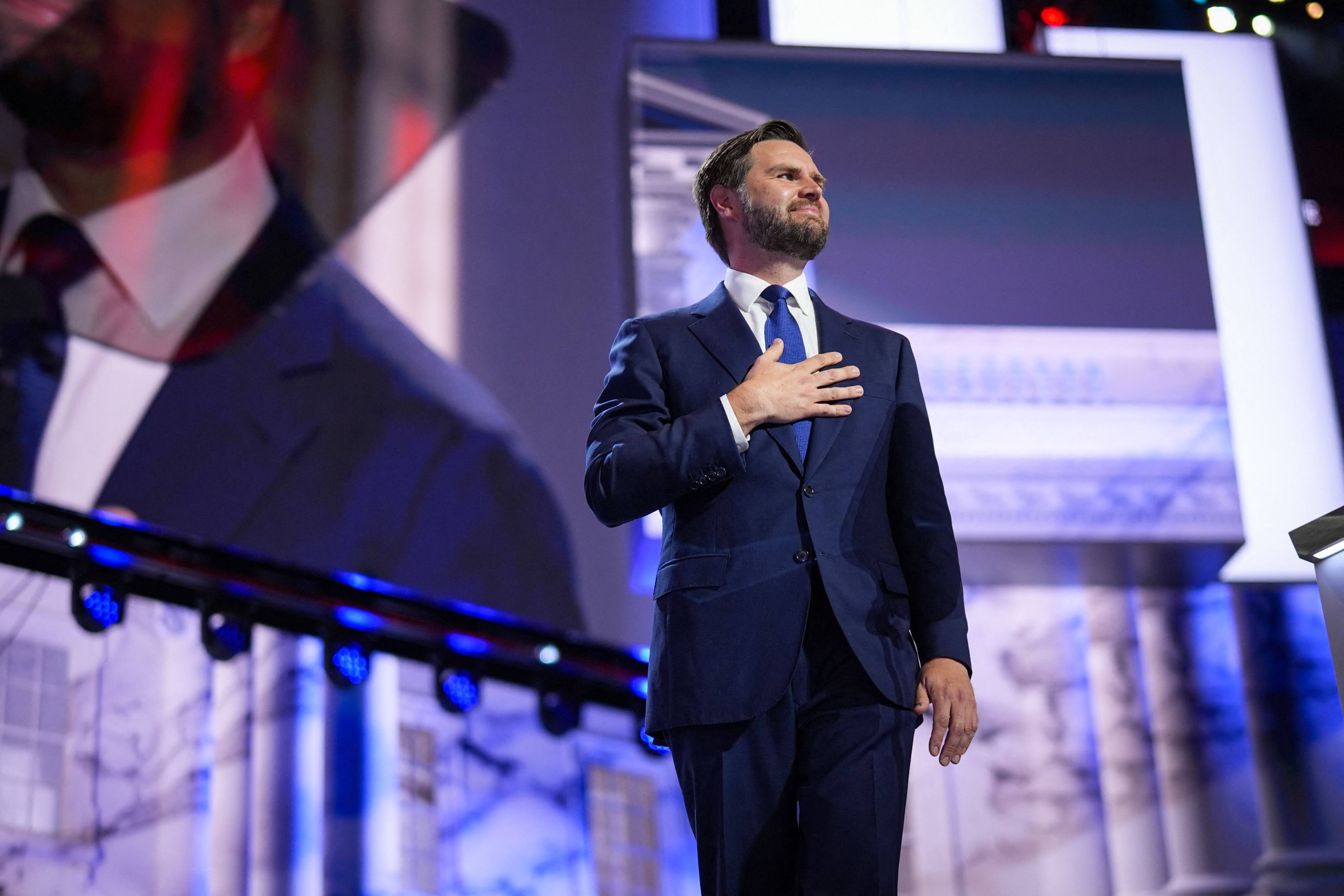 Donald Trump’s running mate Senator J.D. Vance stands on stage during the Republican National Convention in Wisconsin on July 17. Photo: AFP