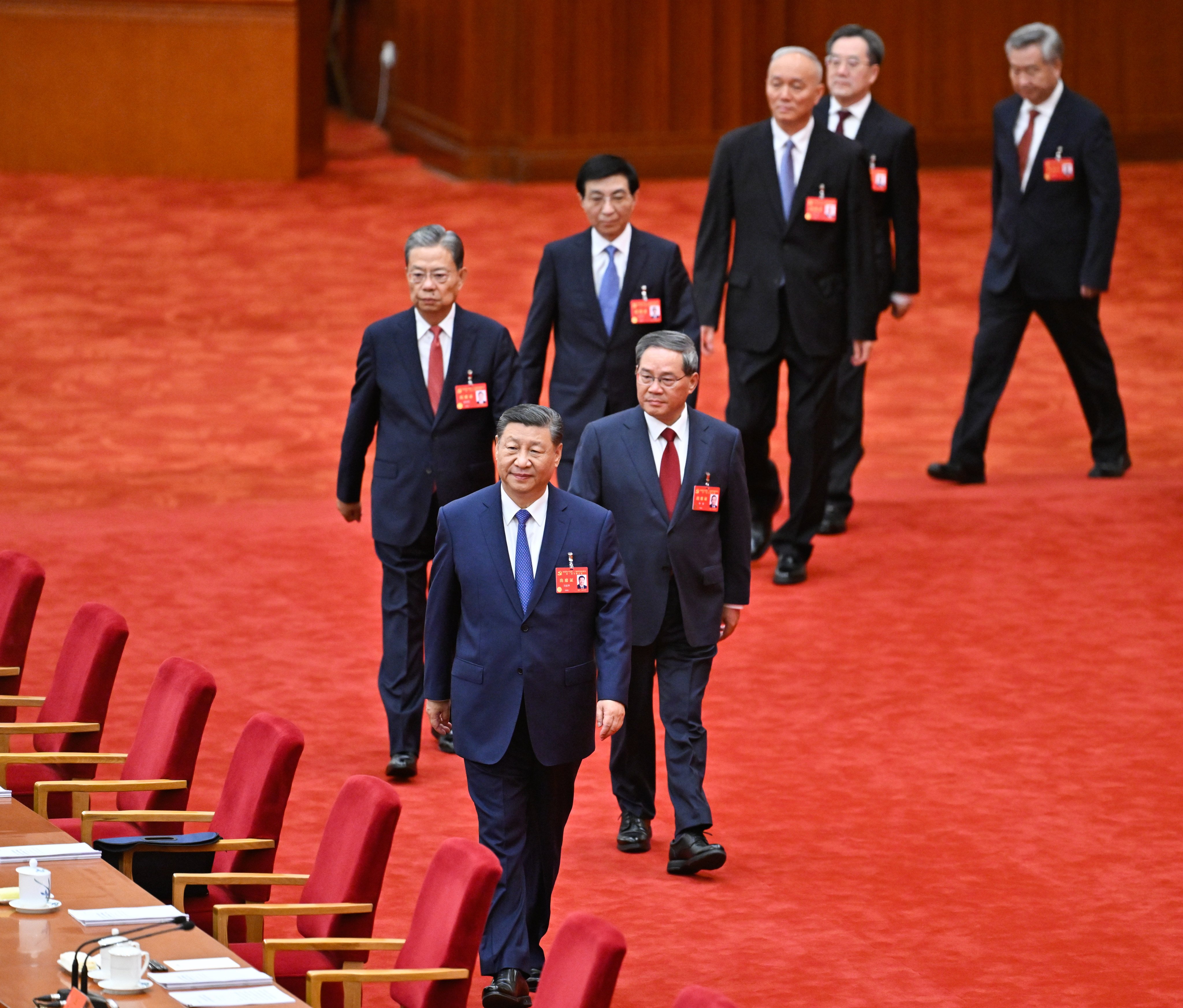 Xi Jinping, Li Qiang, Zhao Leji, Wang Huning, Cai Qi, Ding Xuexiang and Li Xi arrive to attend the Central Committee’s third plenary session in Beijing. Photo: Xinhua