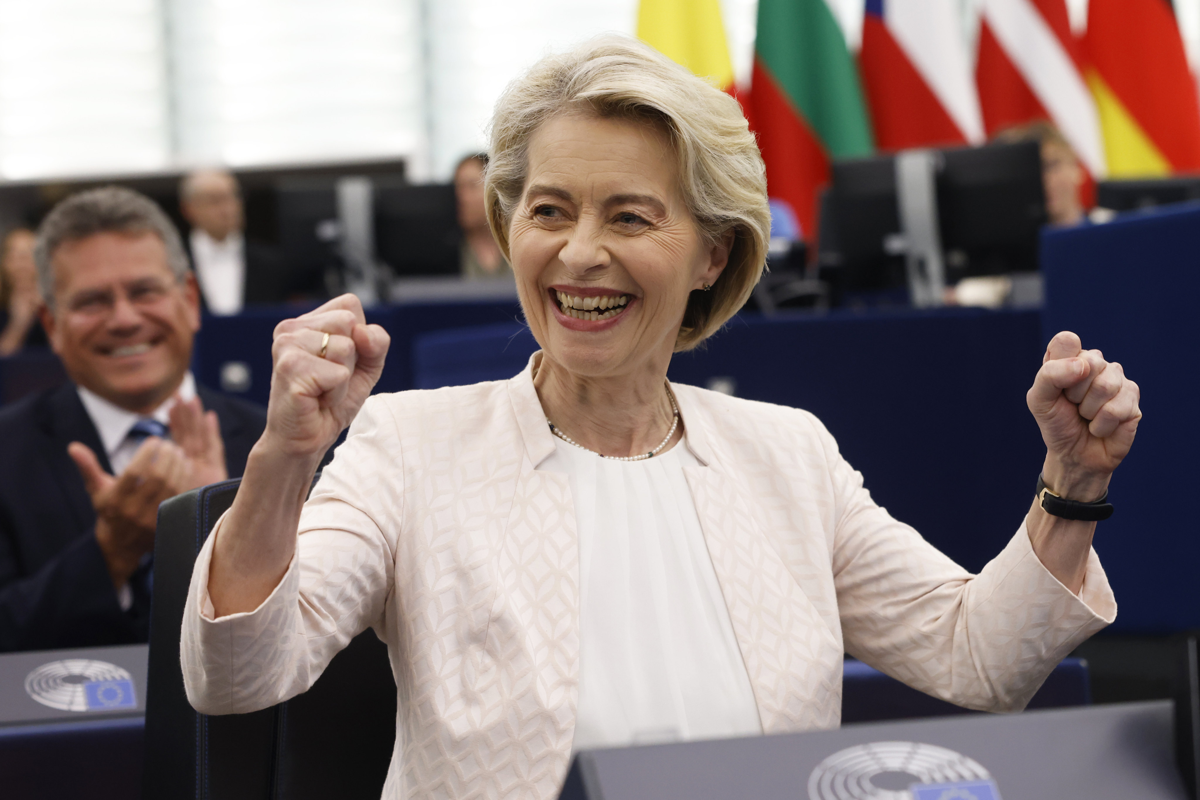 European Commission President Ursula von der Leyen reacts after the announcement of the vote at the European Parliament in Strasbourg, France on Thursday. Photo: AP