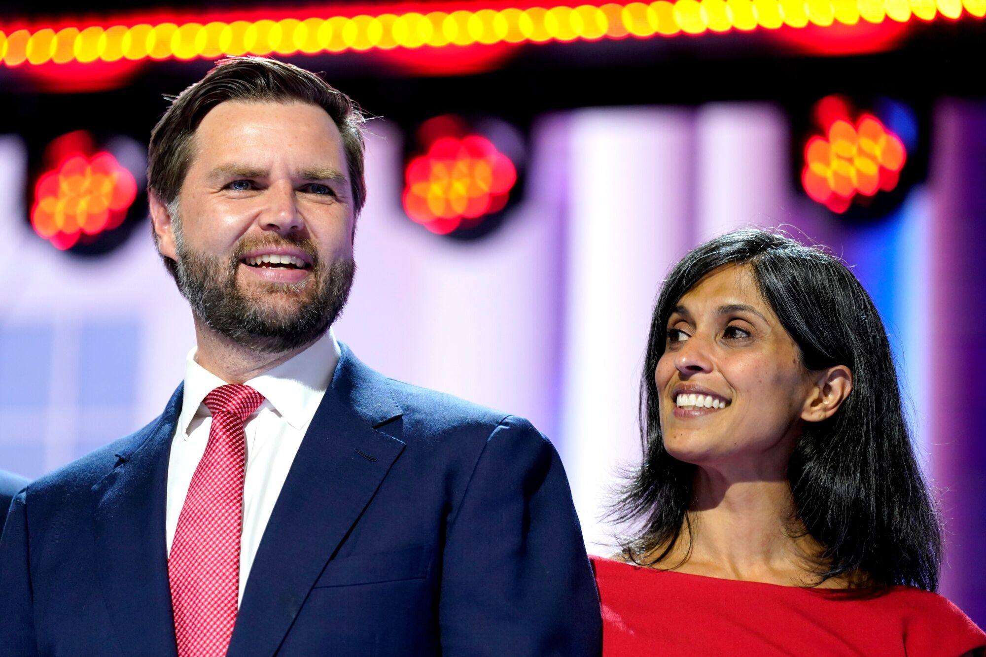 Republican vice-presidential candidate Senator J.D. Vance and his wife Usha Chilukuri Vance at the Republican National Convention in Wisconsin on July 18. Photo: Bloomberg