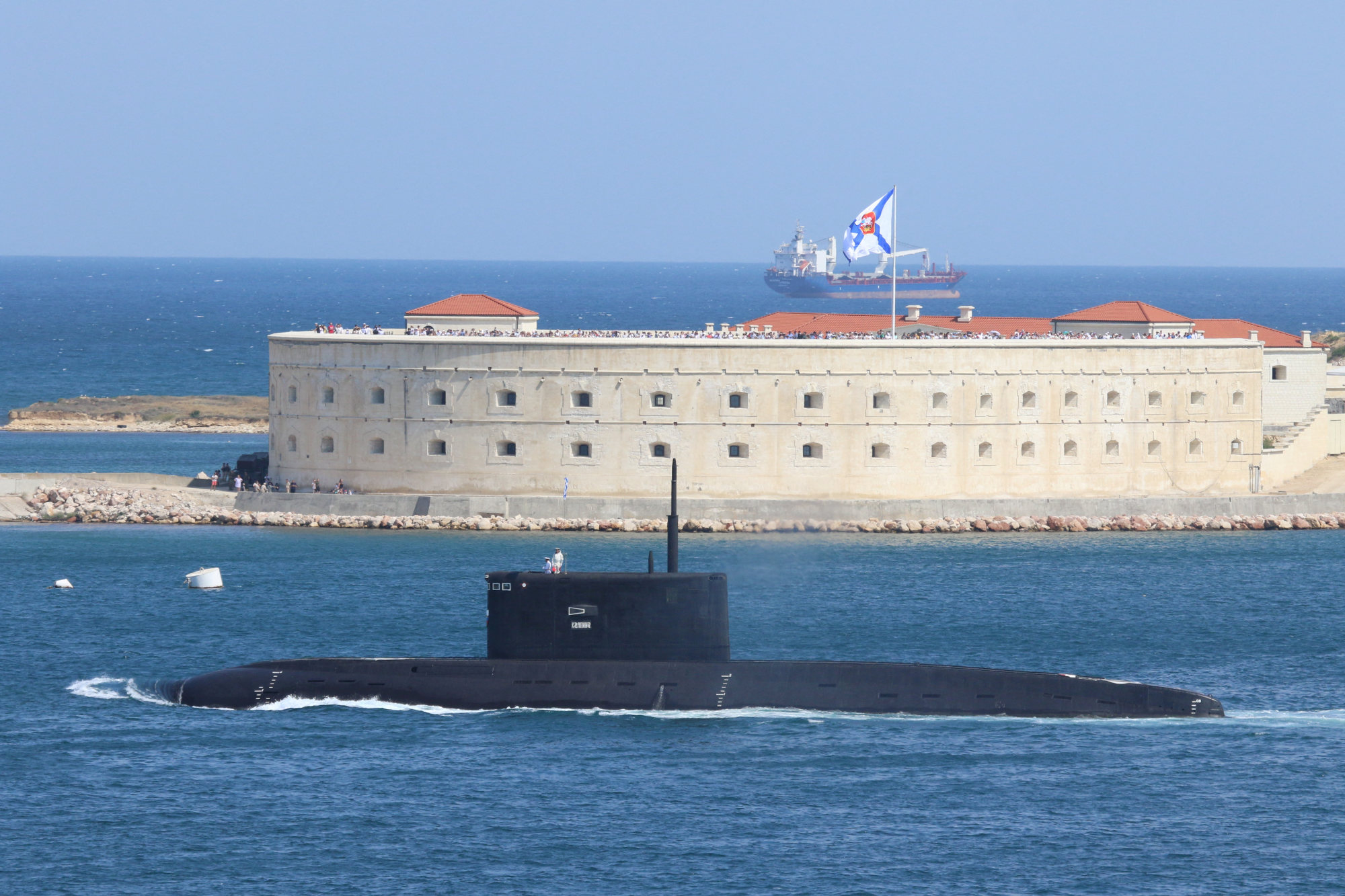 The Russian Navy’s improved kilo-class submarine Kolpino sails during the Navy Day parade in the Black Sea port of Sevastopol, Crimea, in July 2020. Photo: Reuters