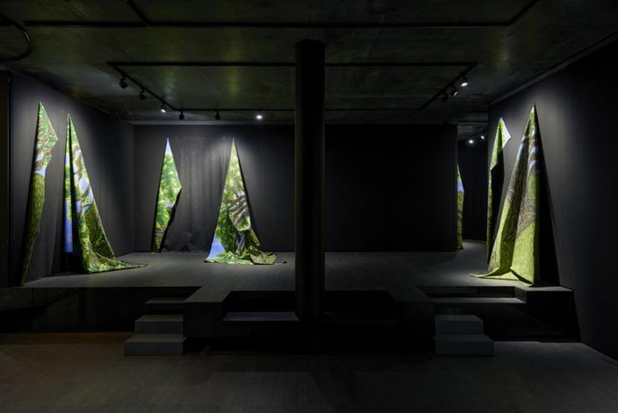 The sagging shapes of pieces of fabric in Latifa Echakhch’s exhibition are meant to evoke the heavy wings of a grounded albatross and the plunging limbs of Virginia oak trees. Photo: courtesy of Pace Gallery