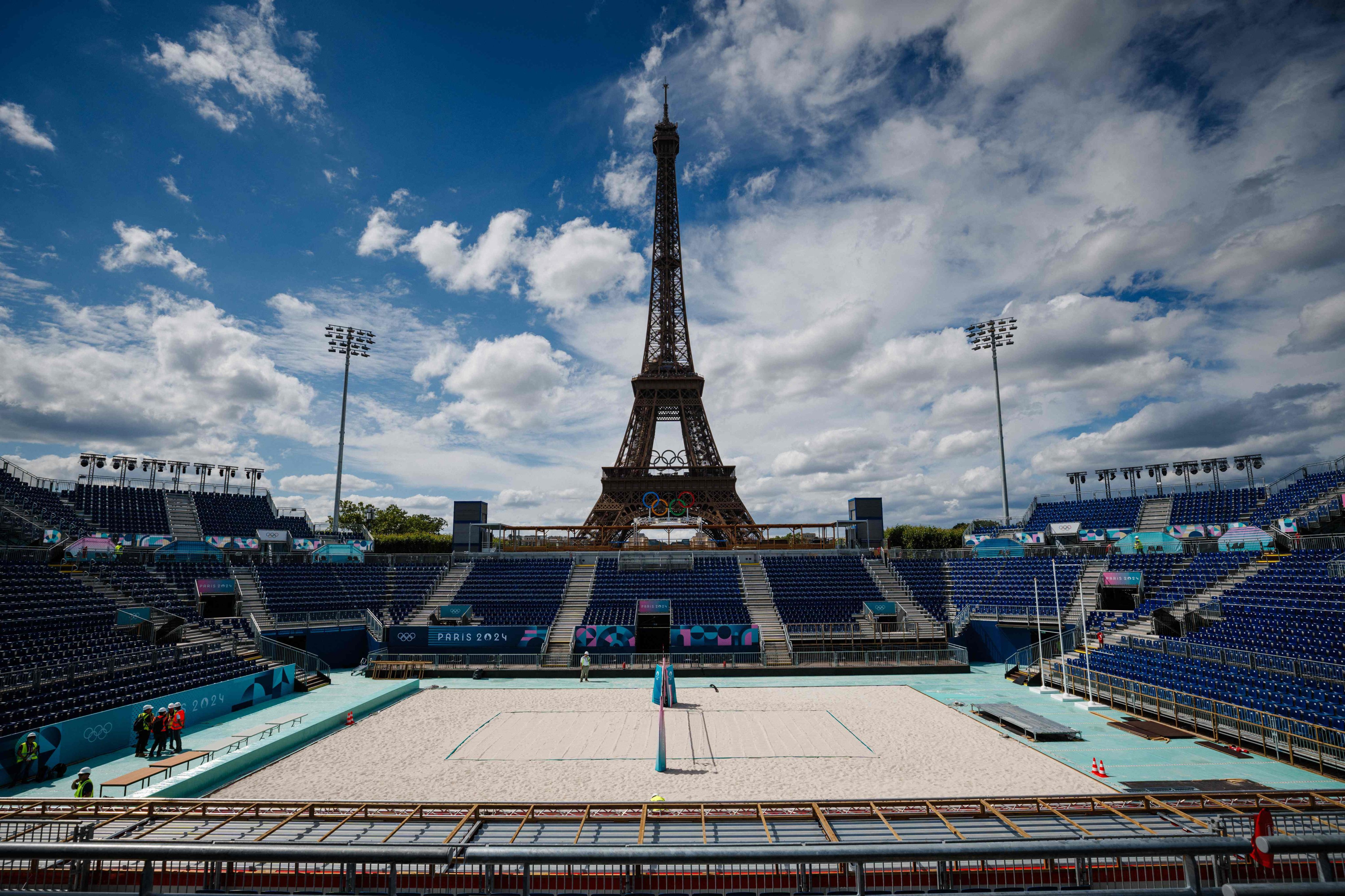 The Eiffel Tower provides the backdrop for the Paris Olympics beach volleyball venue. Photo: AFP