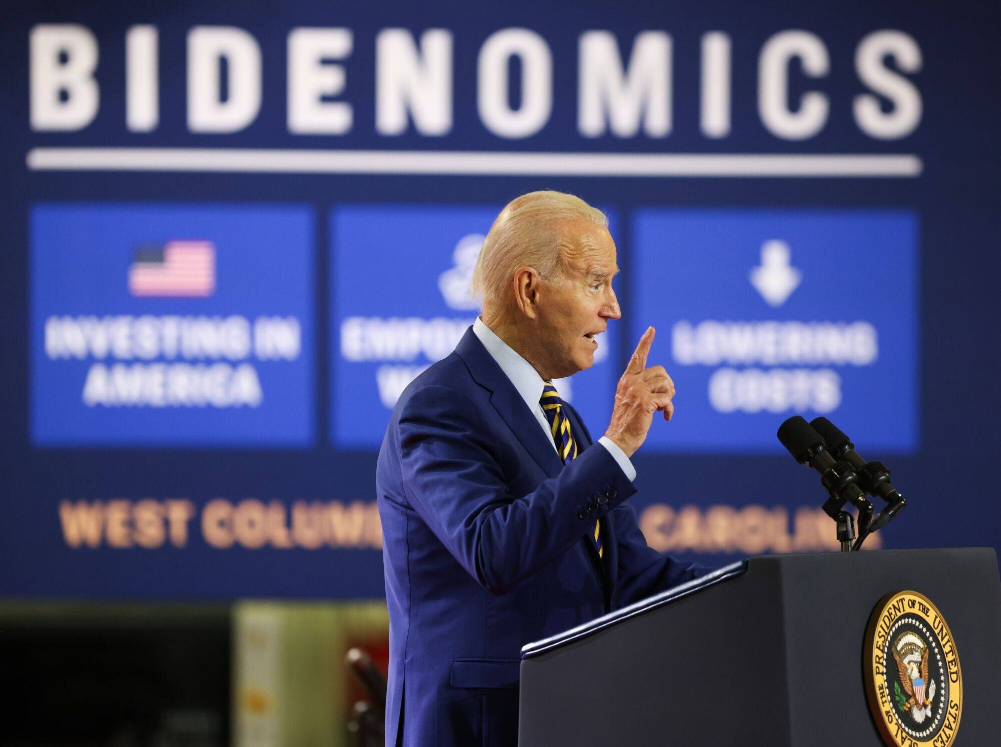 US President Joe Biden speaks on Bidenomics at the Flex facility in West Columbia, South Carolina, US, on July 6, 2023. If the Chinese strategy succeeds, US companies in advanced industries will be wiped out, leaving the US increasingly dependent on China for critical goods. Photo: Bloomberg