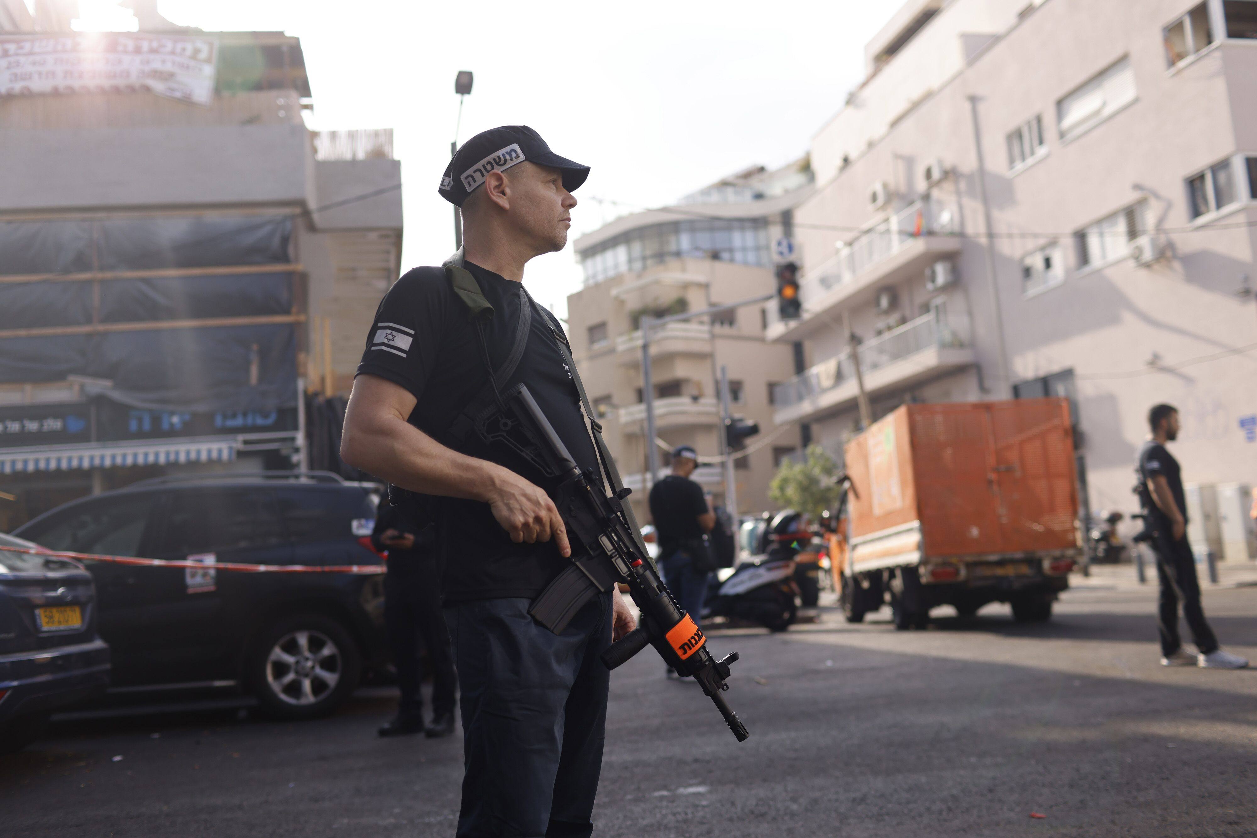 Israeli security forces stand guard after a drone strike near the US embassy in Tel Aviv that killed a man. Photo: Bloomberg