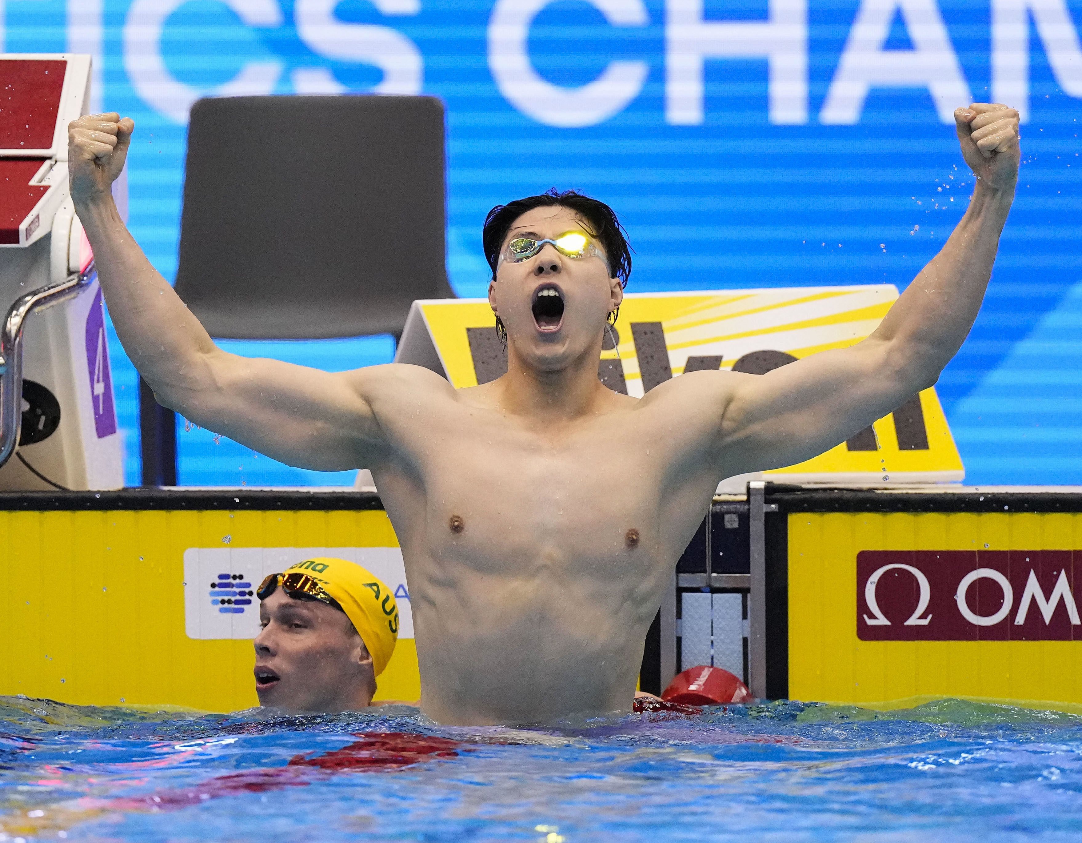 Qin Haiyang of China wins the 200 metres breaststroke at the 2023 world championships. Photo: Kyodo