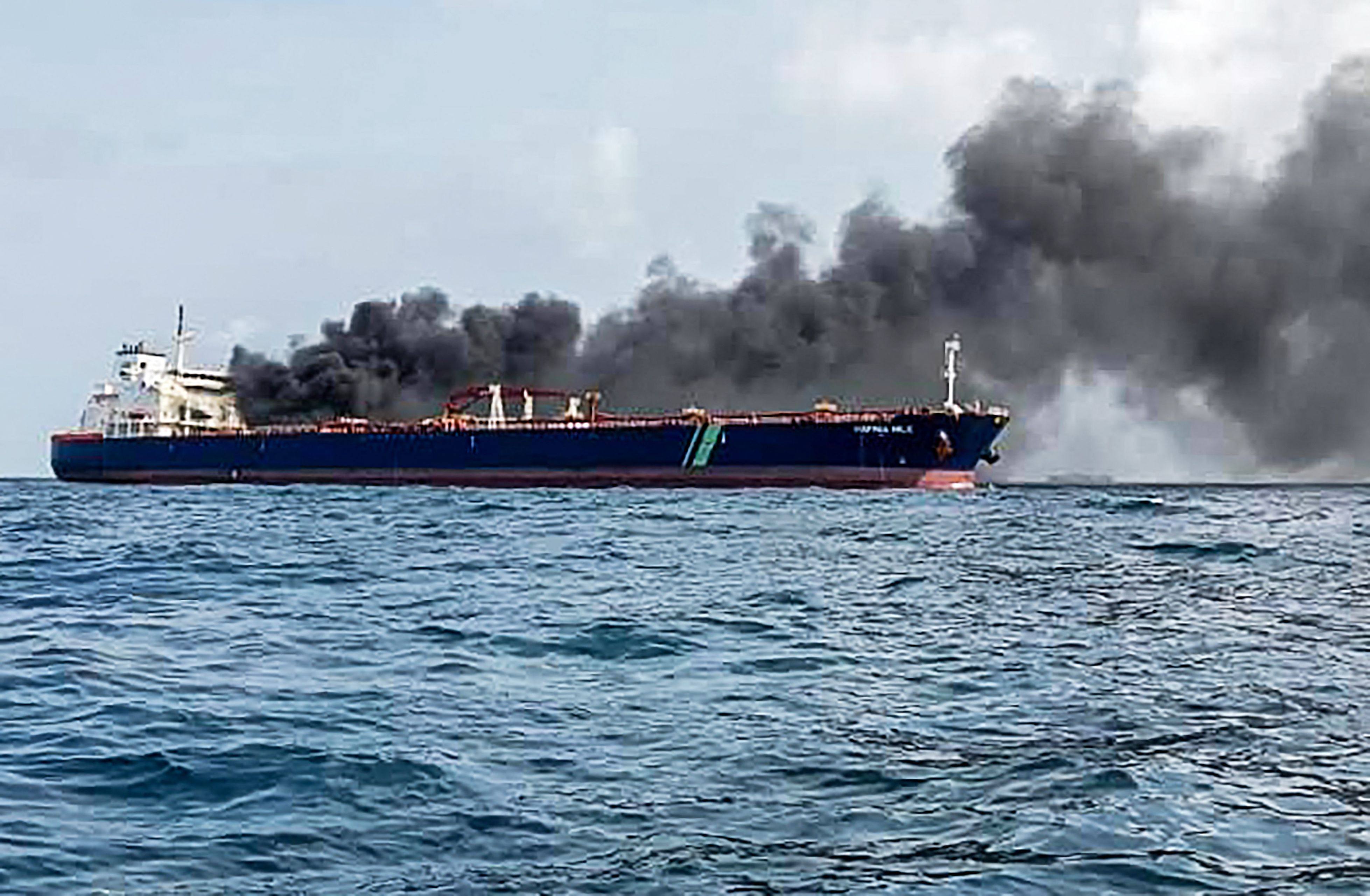 The Singapore-flagged tanker Hafnia Nile on fire. Photo: Handout/Malaysian Maritime Enforcement/AFP