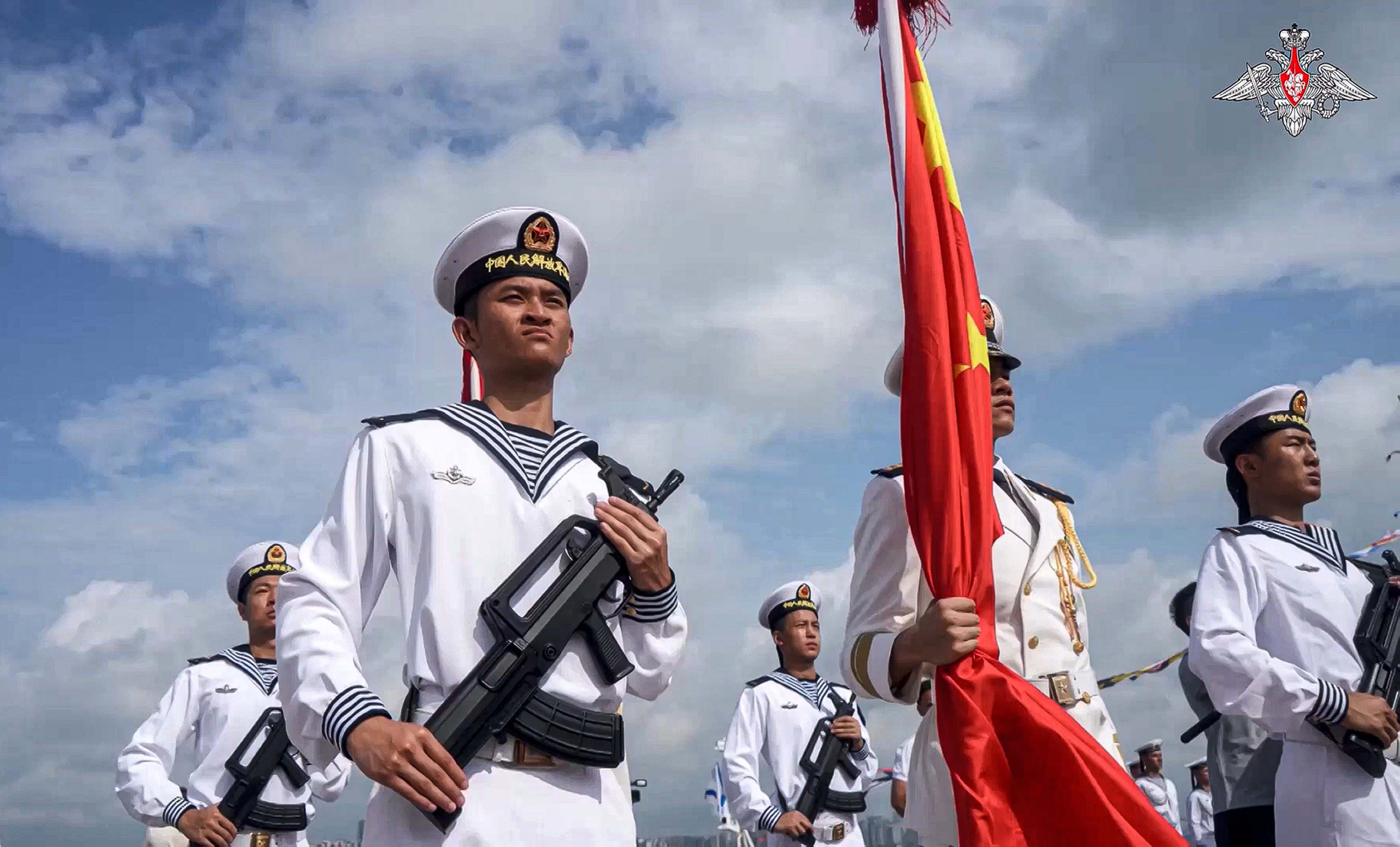 Chinese military sailors attend a ceremony of the China-Russia joint naval exercise in Zhanjiang in Guangdong province on July 14, in this photo taken from a video released by the Russian Defence Ministry Press Service. The drills began days after Nato allies called Beijing a “decisive enabler” of the war in Ukraine. Photo: Russian Defense Ministry Press Service via AP