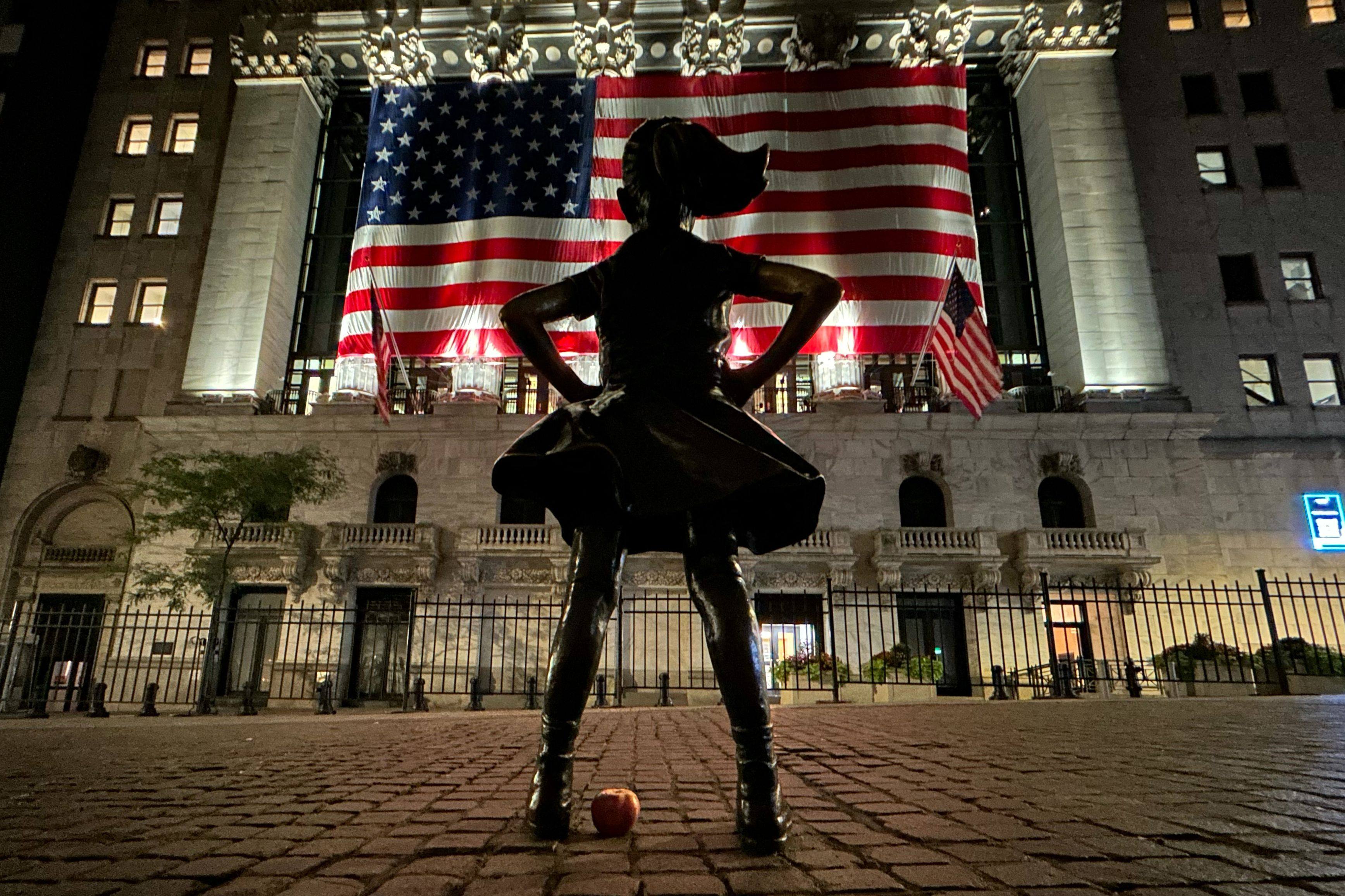The Fearless Girl statue stands in front of the New York Stock Exchange on July 7. Photo: AFP