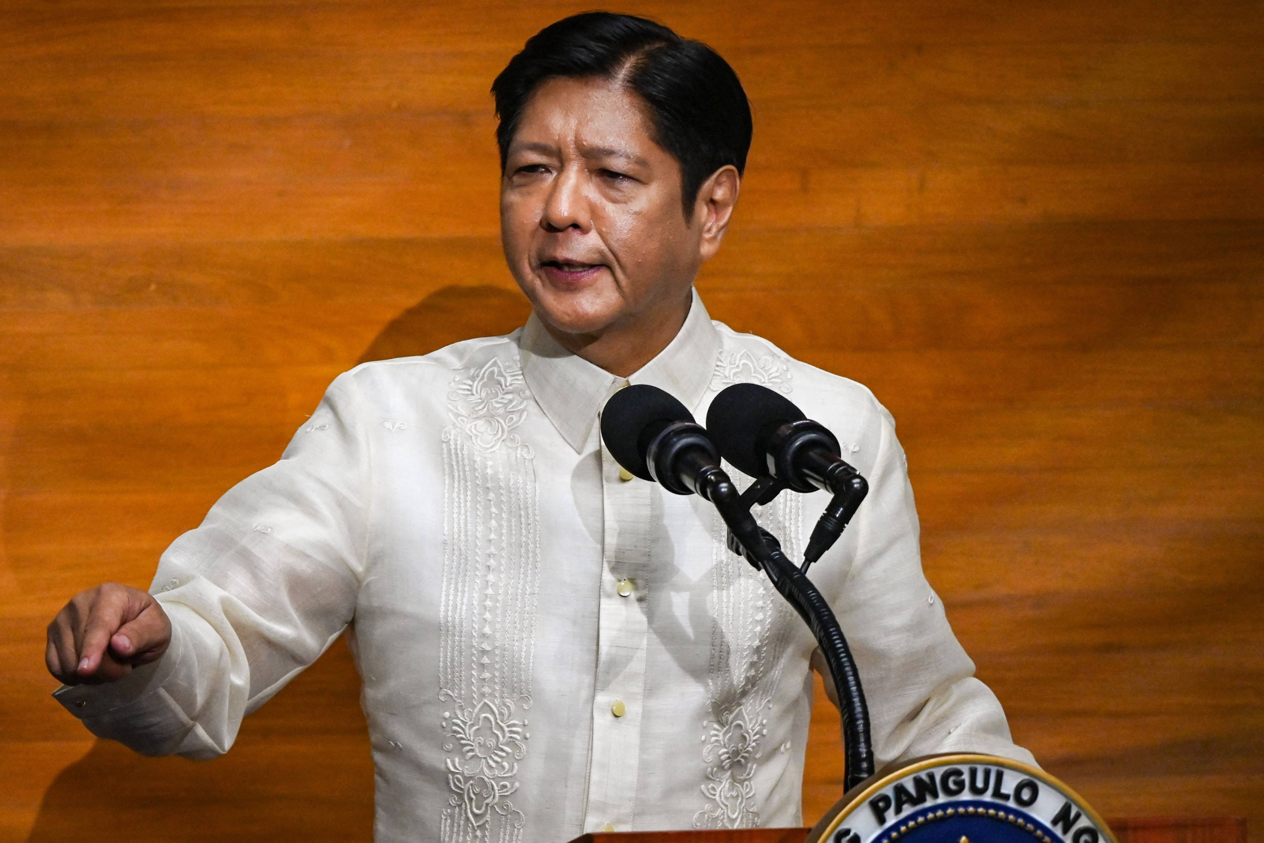 Philippine President Ferdinand Marcos delivers the annual State of the Nation Address at the House of Representatives in Manila on Monday. Photo: AFP