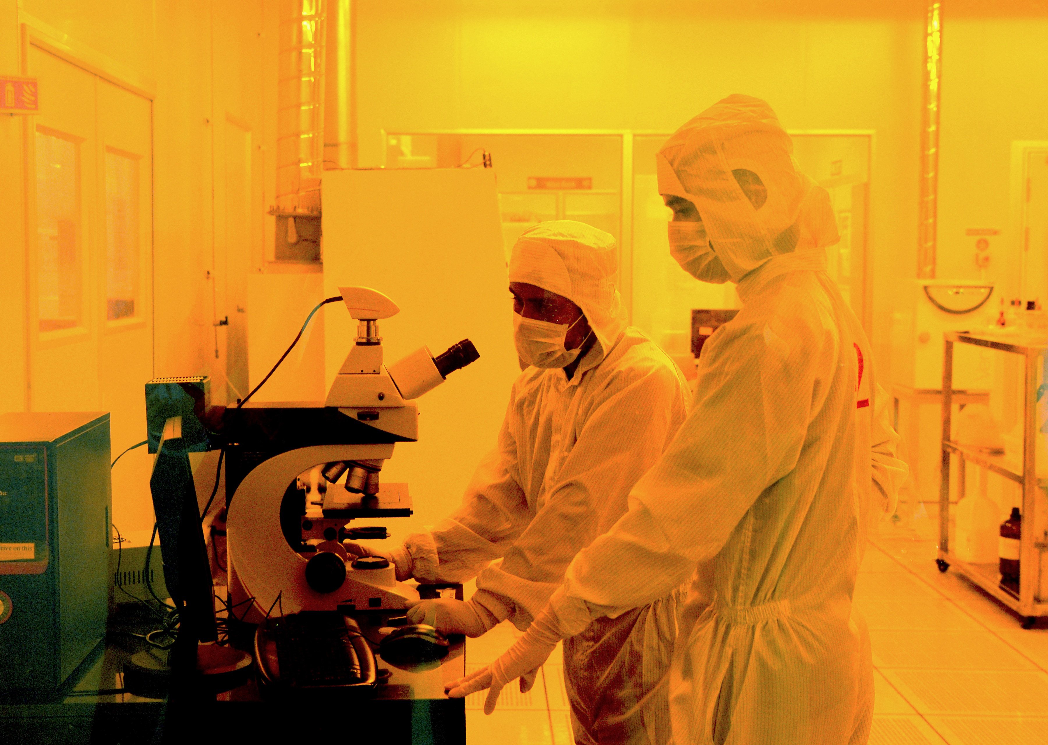 Researchers working inside the semiconductor fabrication lab at the Centre for Nano Science and Engineering at the Indian Institute of Science in Bangalore. Photo: AFP