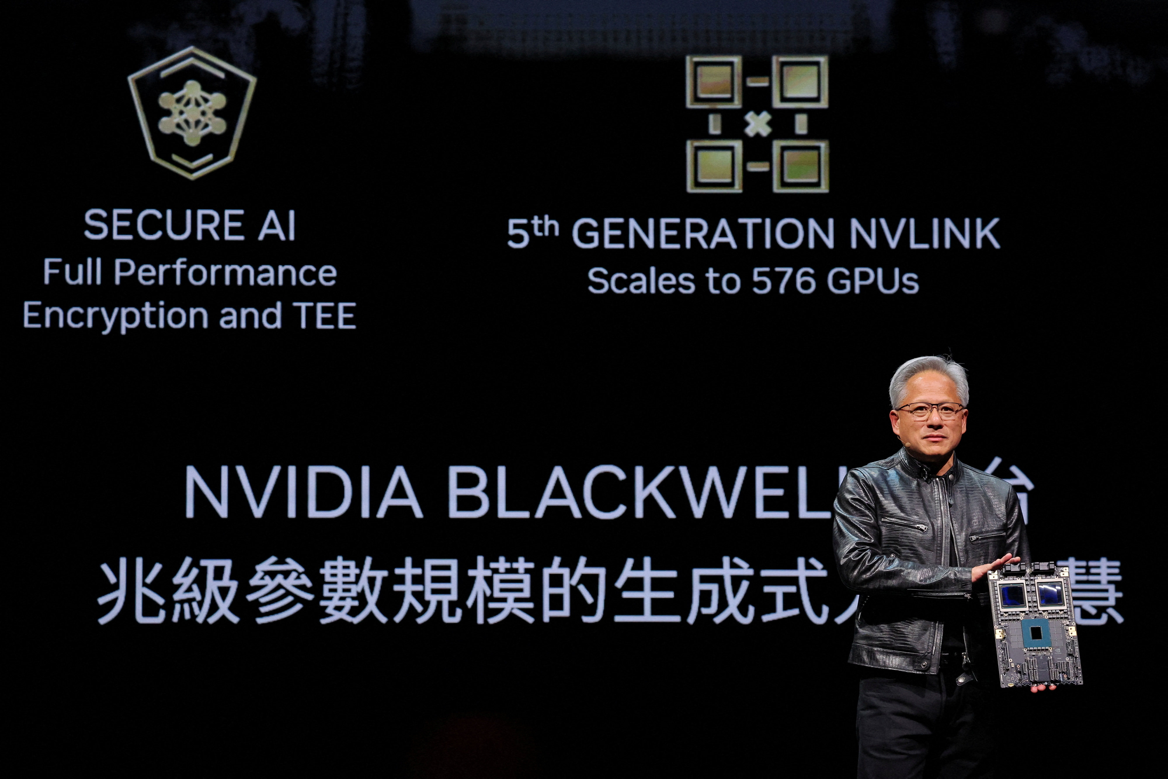 Nvidia chief executive Jensen Huang presents the firm’s new Blackwell AI chip platform at an event ahead of the Computex trade show in Taipei, Taiwan, on June 2, 2024. Photo: Reuters