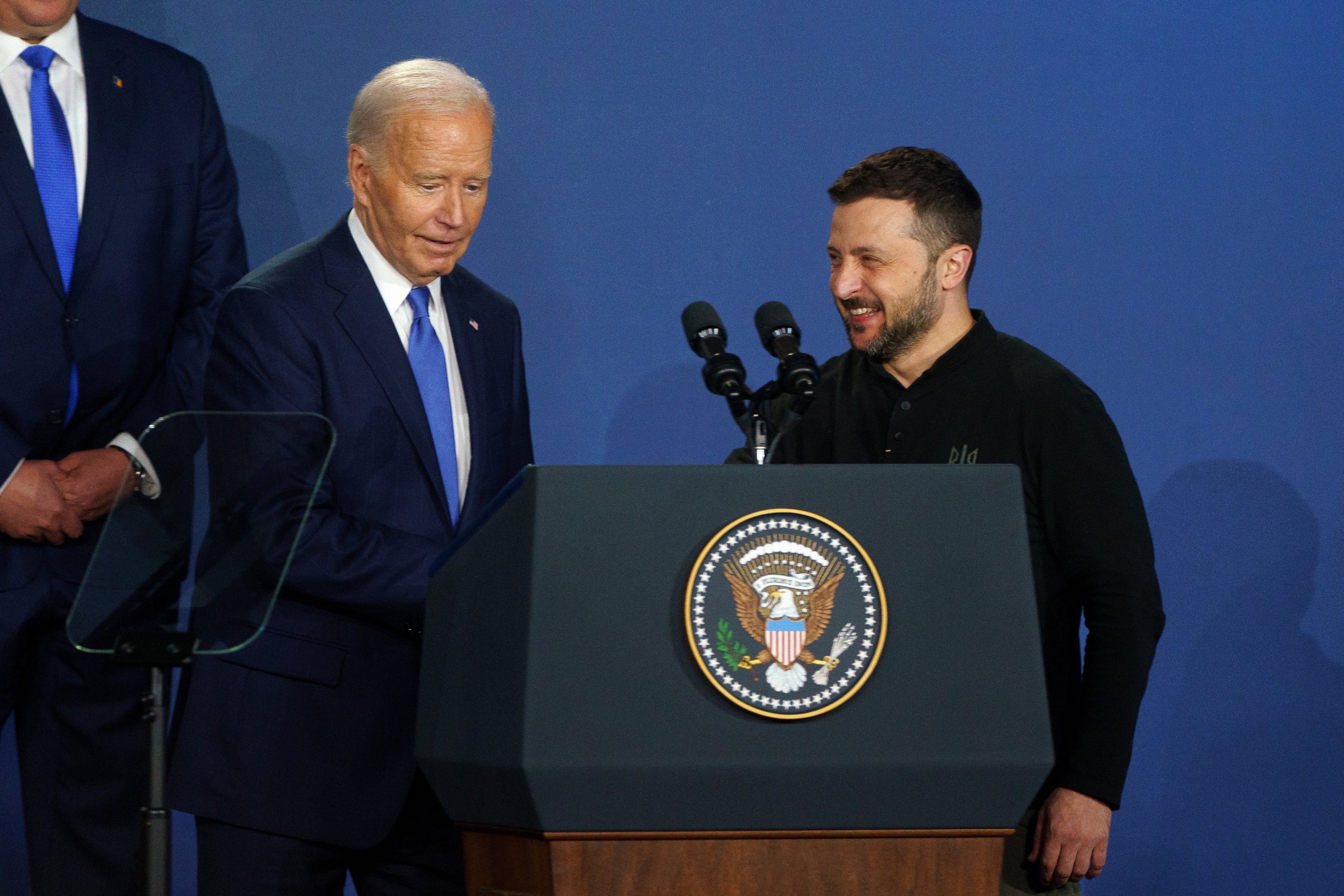 US President Joe Biden, left, and Ukraine’s President Volodymyr Zelensky in Washington on July 11. Photo: EPA-EFE