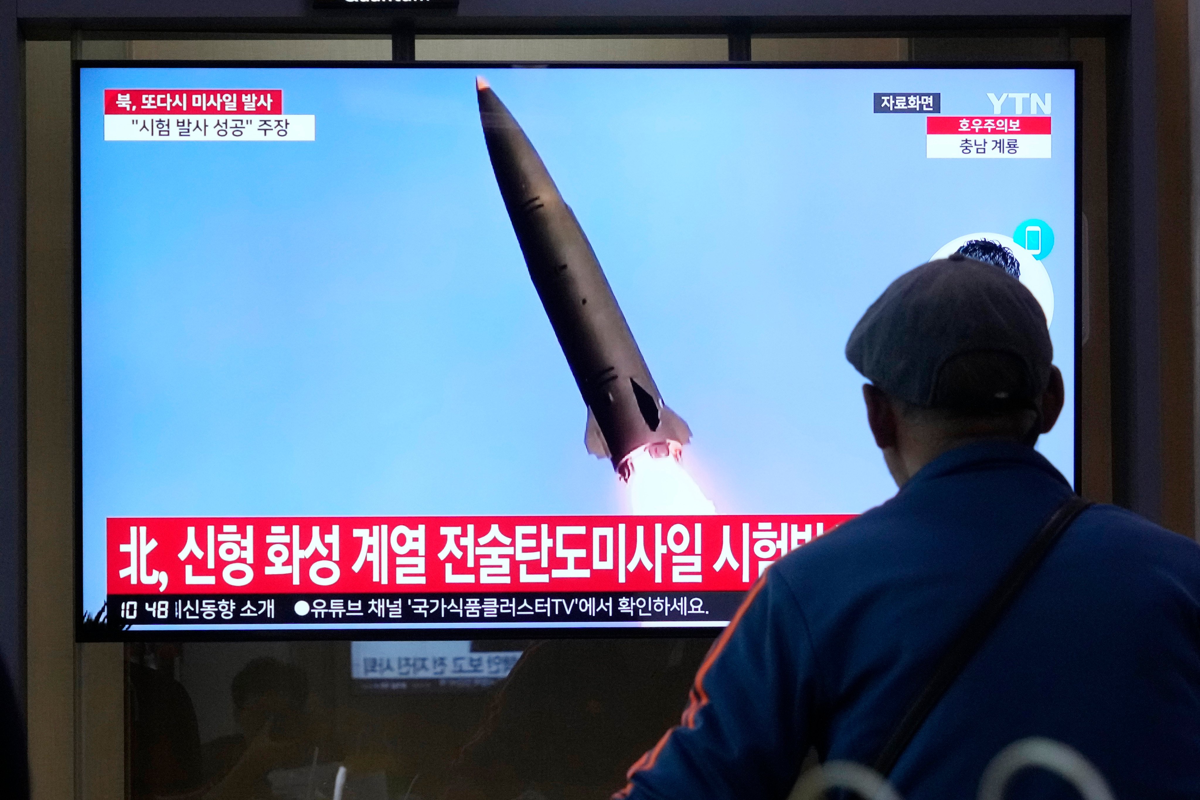 A file image of a North Korean missile launch is displayed on a screen at Seoul Railway Station in South Korea on July 2. Photo: AP