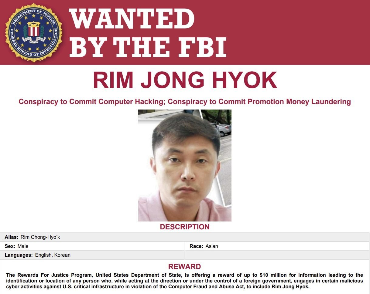 The FBI has issued an arrest warrant for Rim Jong-hyok, one of the alleged North Korean hackers from the Andariel group, and offered a reward of up to US$10 million for information that would lead to his arrest. He was charged with hacking and money laundering, according to a poster uploaded to the FBI’s Most Wanted website on Thursday July 25, 2024.