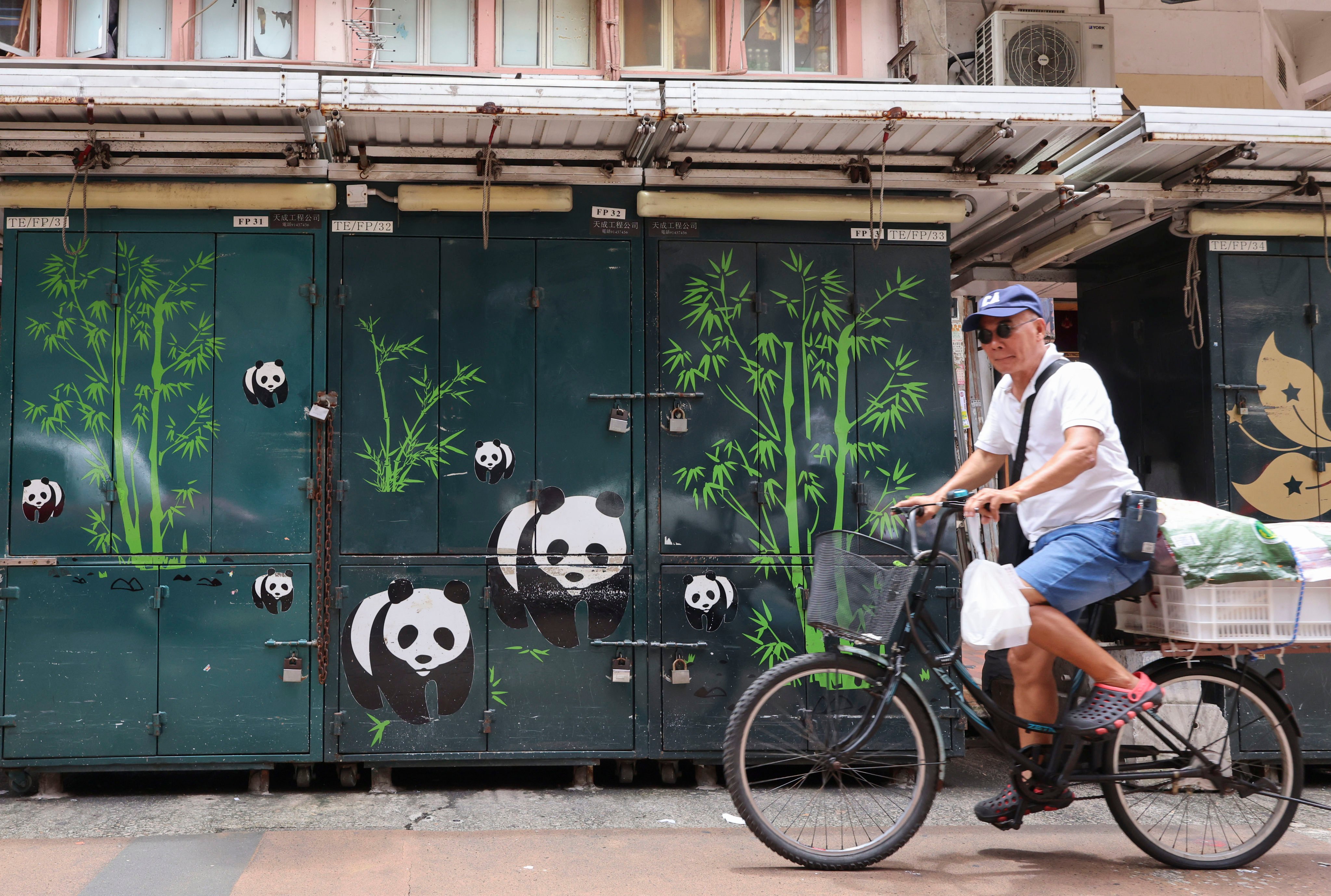 A cyclist rides by a closed stall painted with pandas and bamboo forest in Yau Ma Tei on July 18. Hong Kong ministers have proposed pandas as one way to revitalise the city’s economy and tourism sector. Photo: Jelly Tse