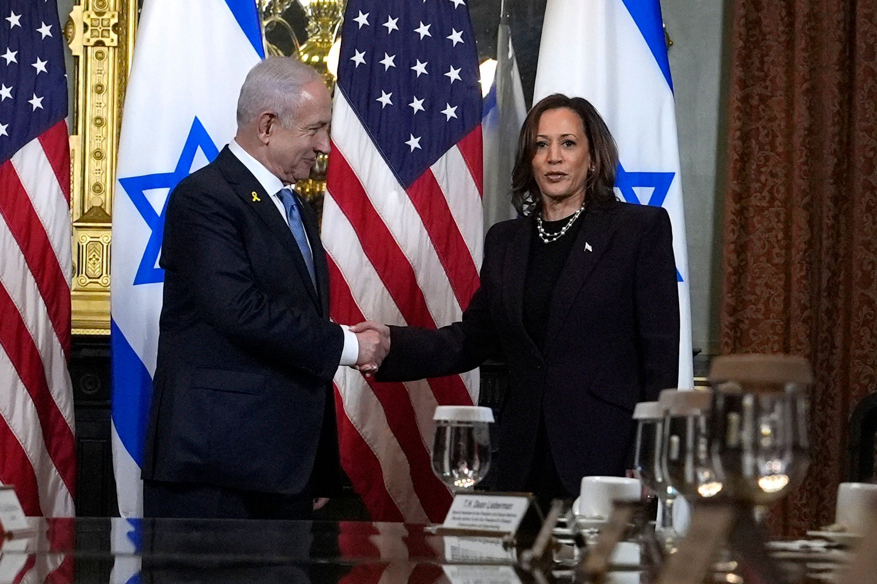 Israeli Prime Minister Benjamin Netanyahu and US Vice-President Kamala Harris on Thursday. Photo: AP