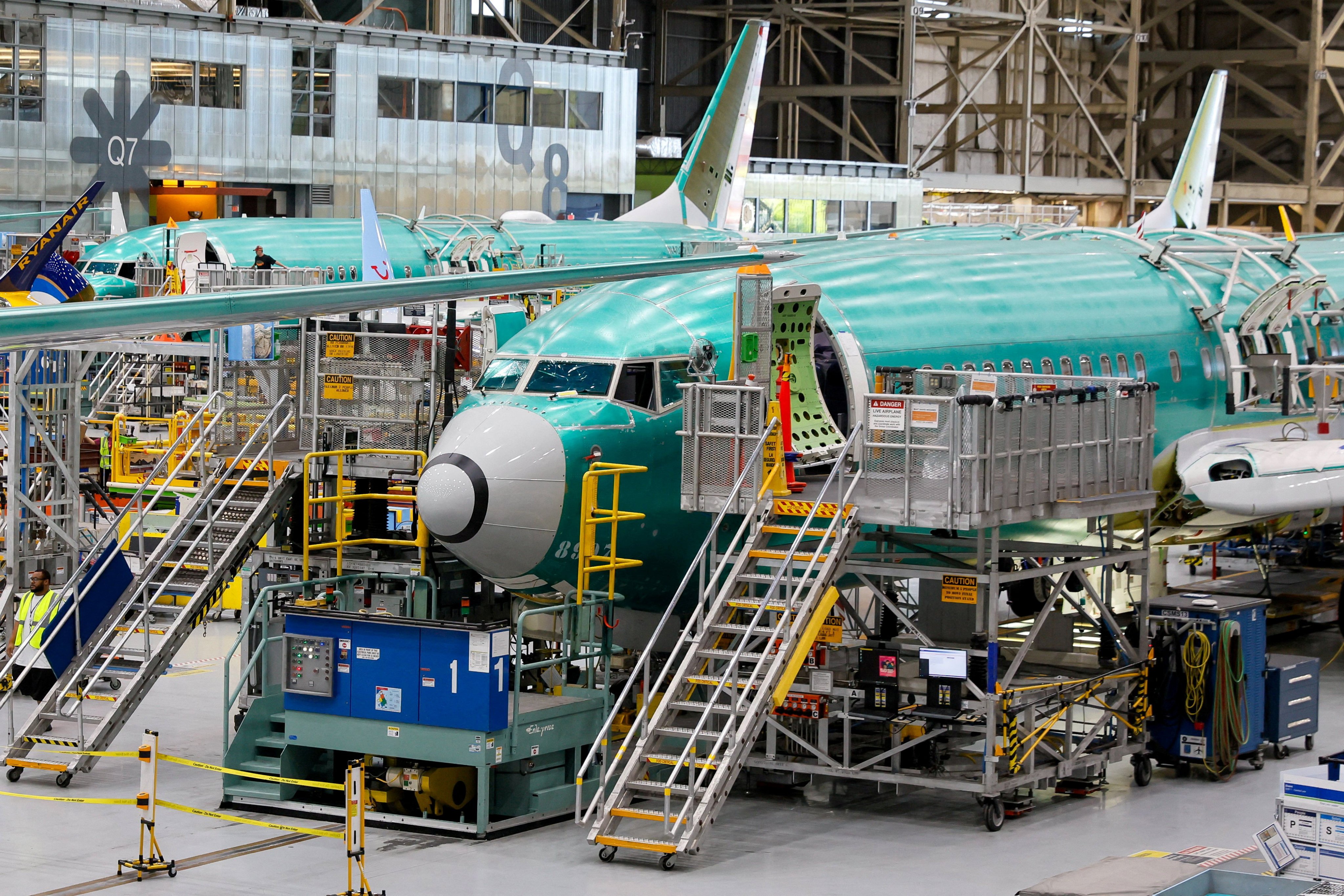 Boeing 737 MaX aircraft are assembled at the company’s plant in Renton, Washington, on Thursday. Photo: Reuters