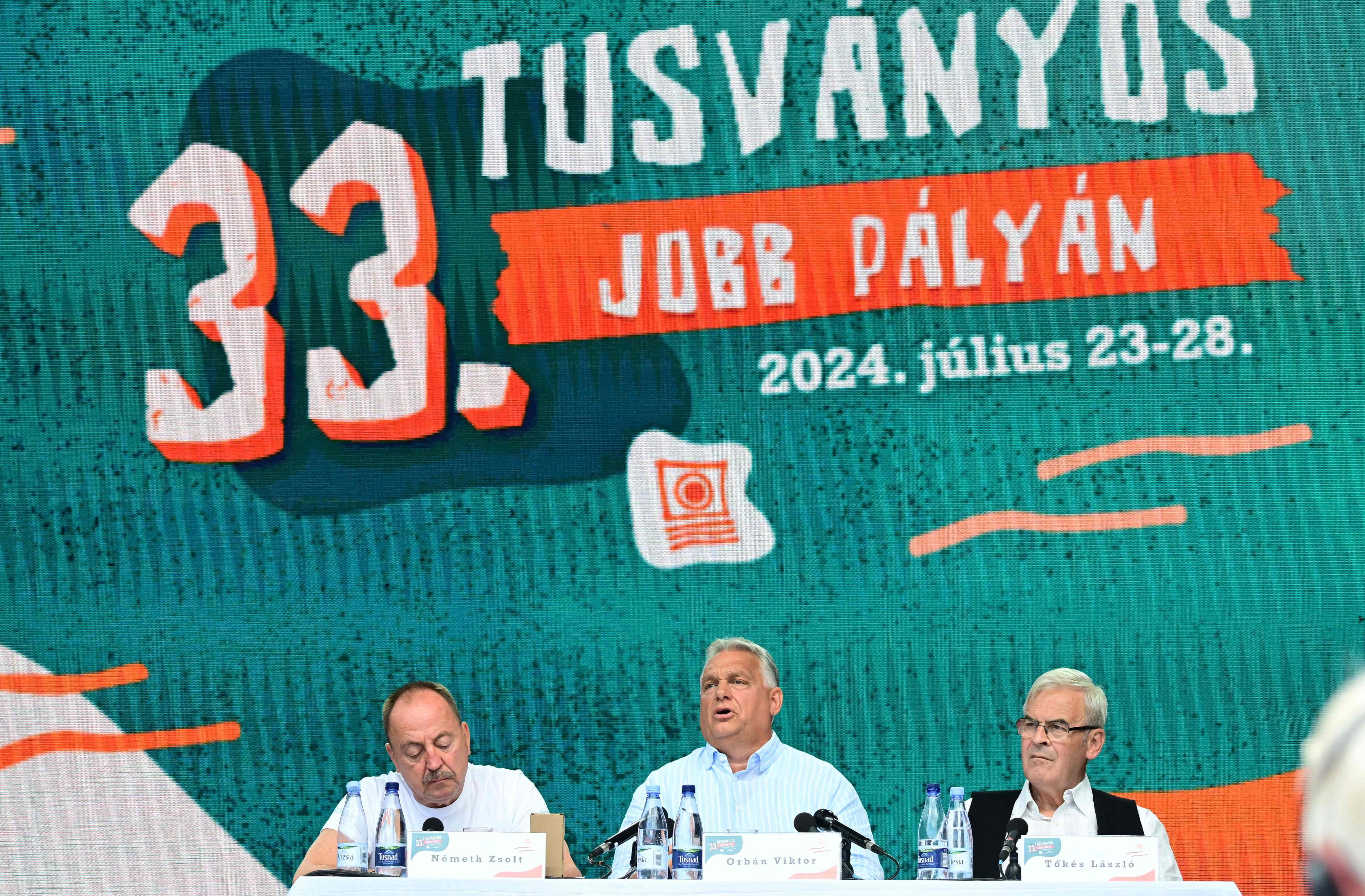 Hungarian Prime Minister Viktor Orban addresses the audience at Tusvanyos Summer University in Baile Tusnad, Romania. Orban uses the annual event to indicate the ideological direction of his government and deride the EU. Photo: AFP