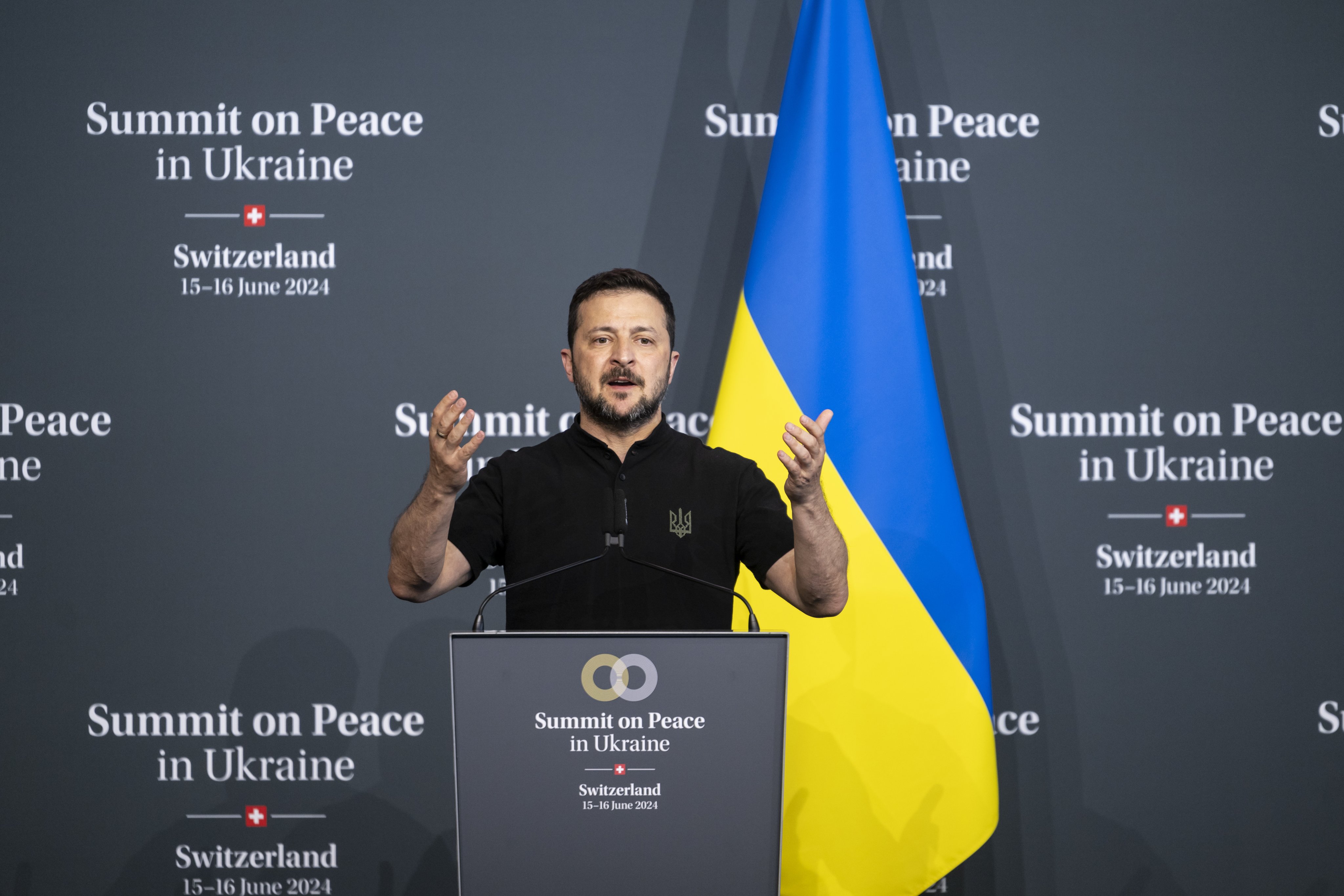 Ukrainian President Volodymyr Zelensky speaks during the closing press conference at a peace summit in Stansstad, Switzerland, on June 16. While well intentioned, false hopes of a Ukrainian victory could serve to push Kyiv into an even weaker position. Photo: EPA-EFE