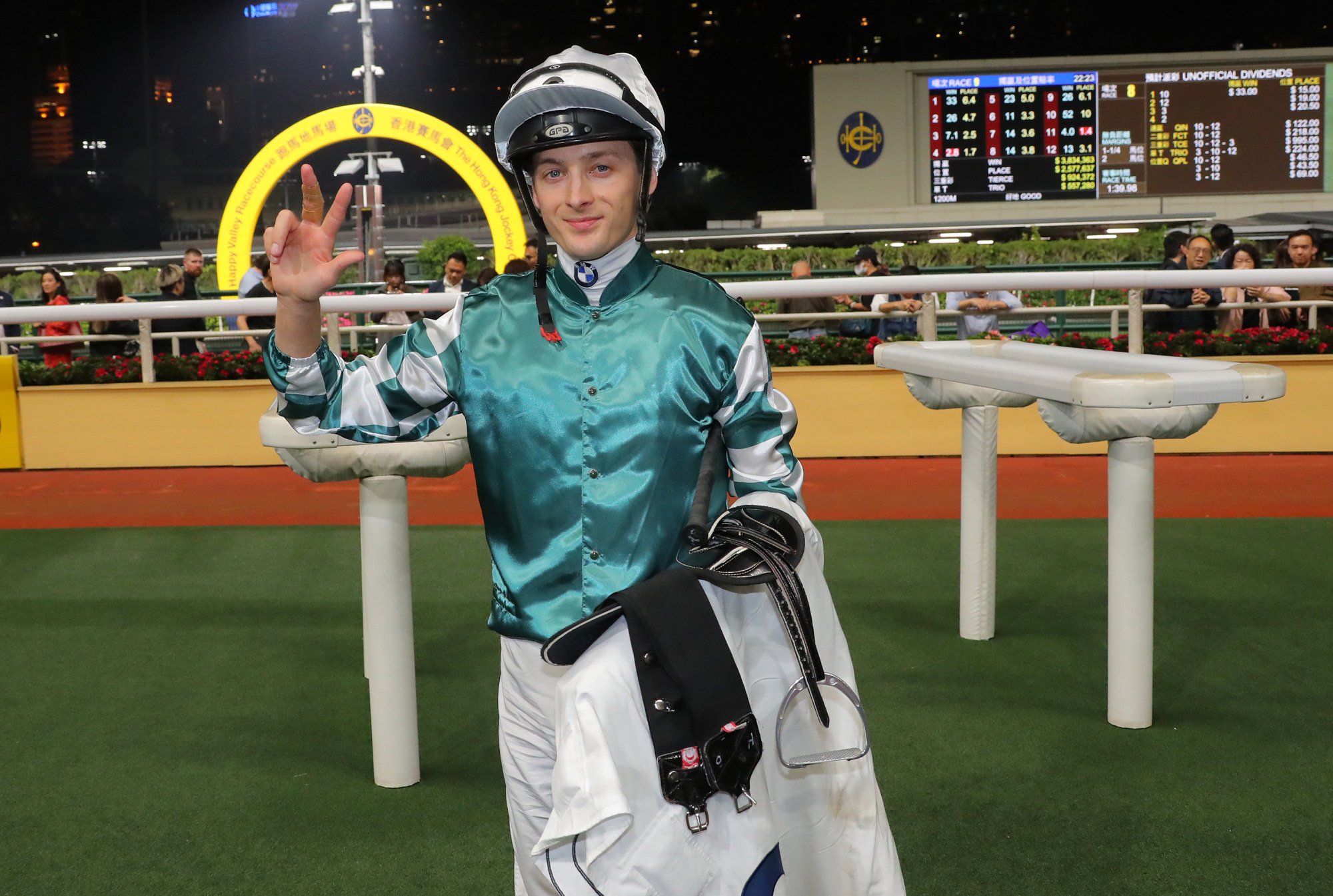 Harry Bentley celebrates a treble at Happy Valley in March.