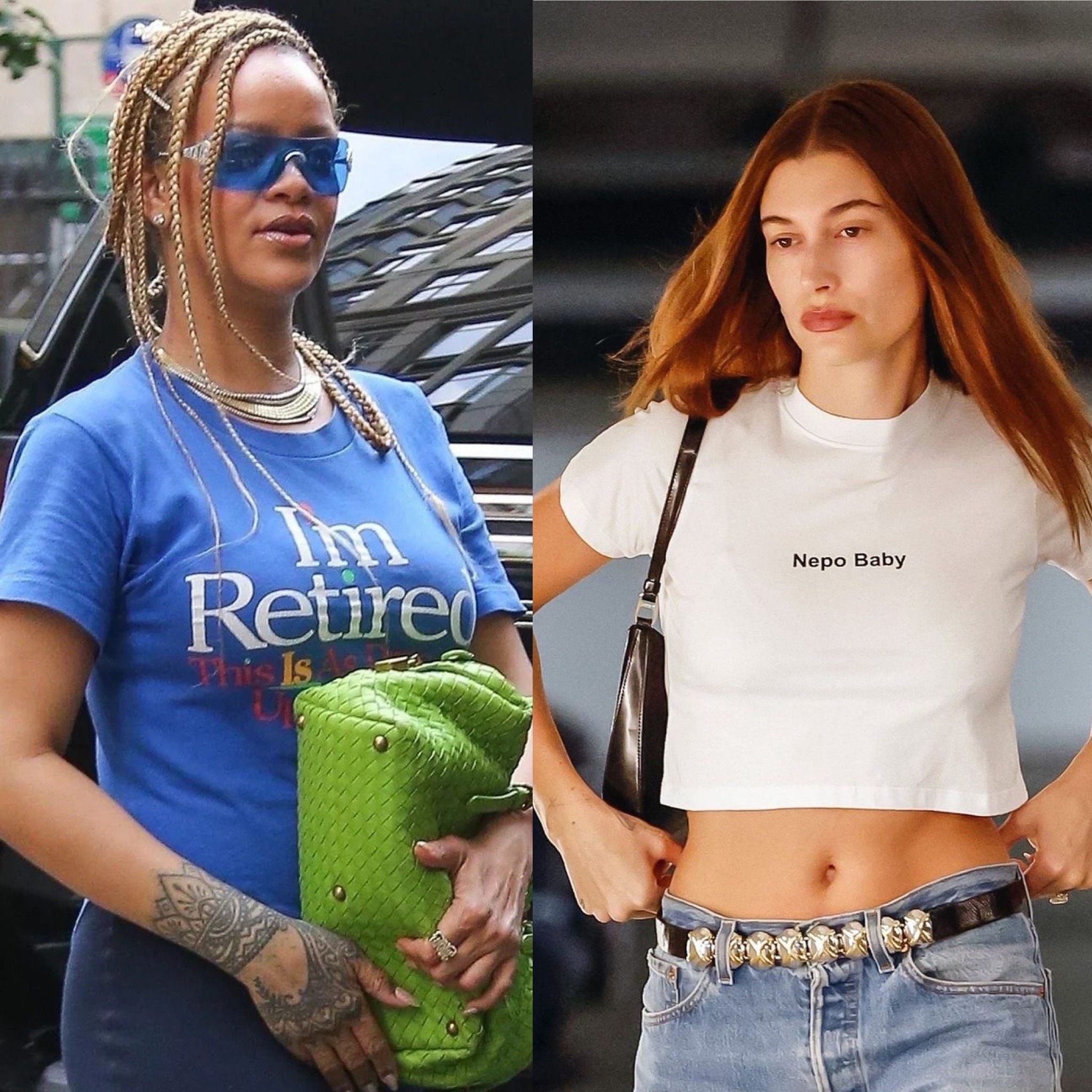 Rihanna and Hailey Bieber wearing slogan T-shirts that went viral because of their cheeky messaging. Photos: Reddit, Instagram