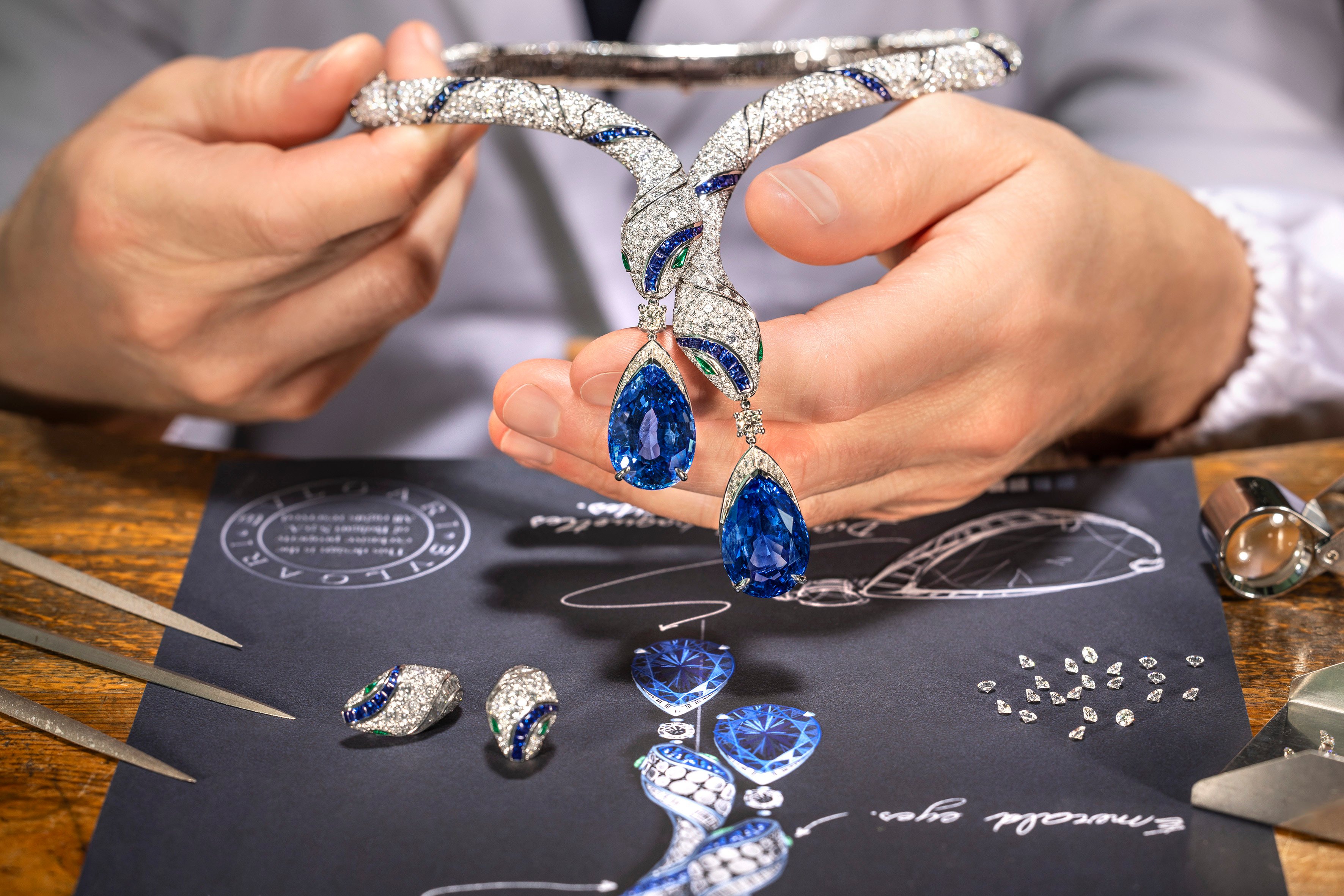 The dramatic Serpenti Sapphire Echo necklace is part of Bulgari’s Aeterna collection. Photos: Handout